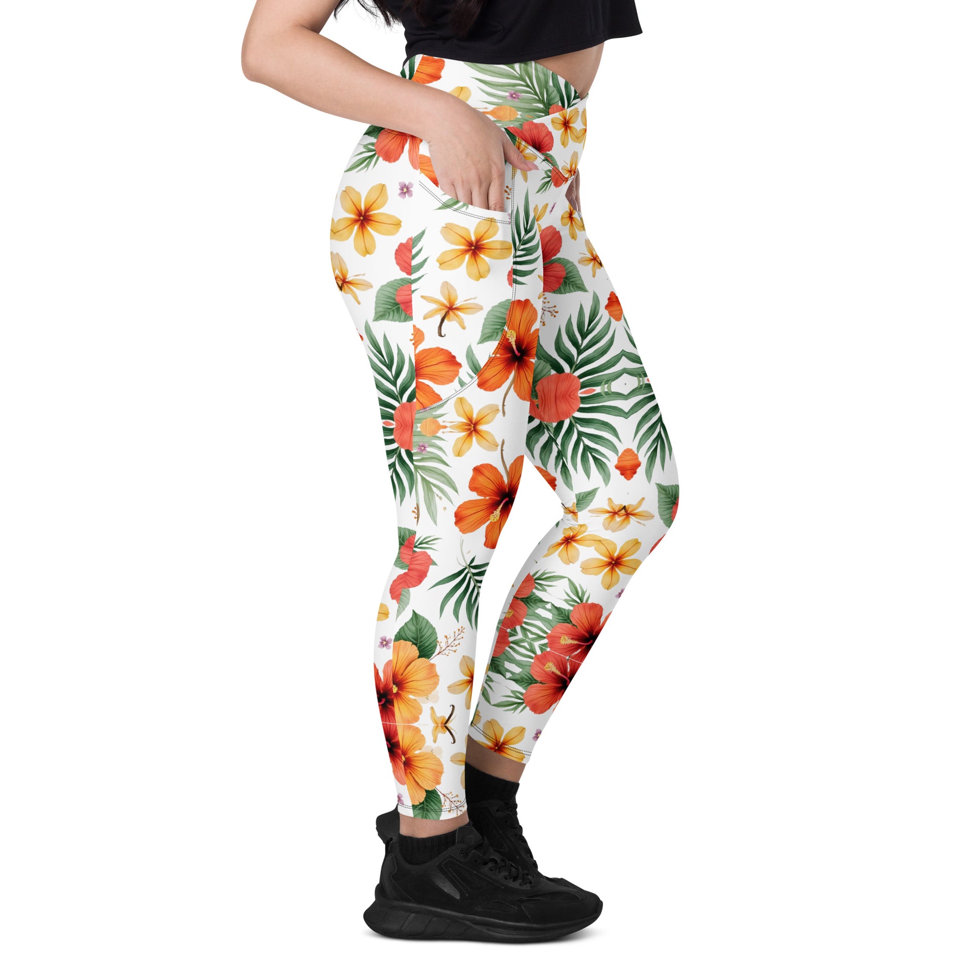 Crossover leggings with pockets - Scattered Bloom Crossover Leggings – Fresh Garden Glow by printfluence.net