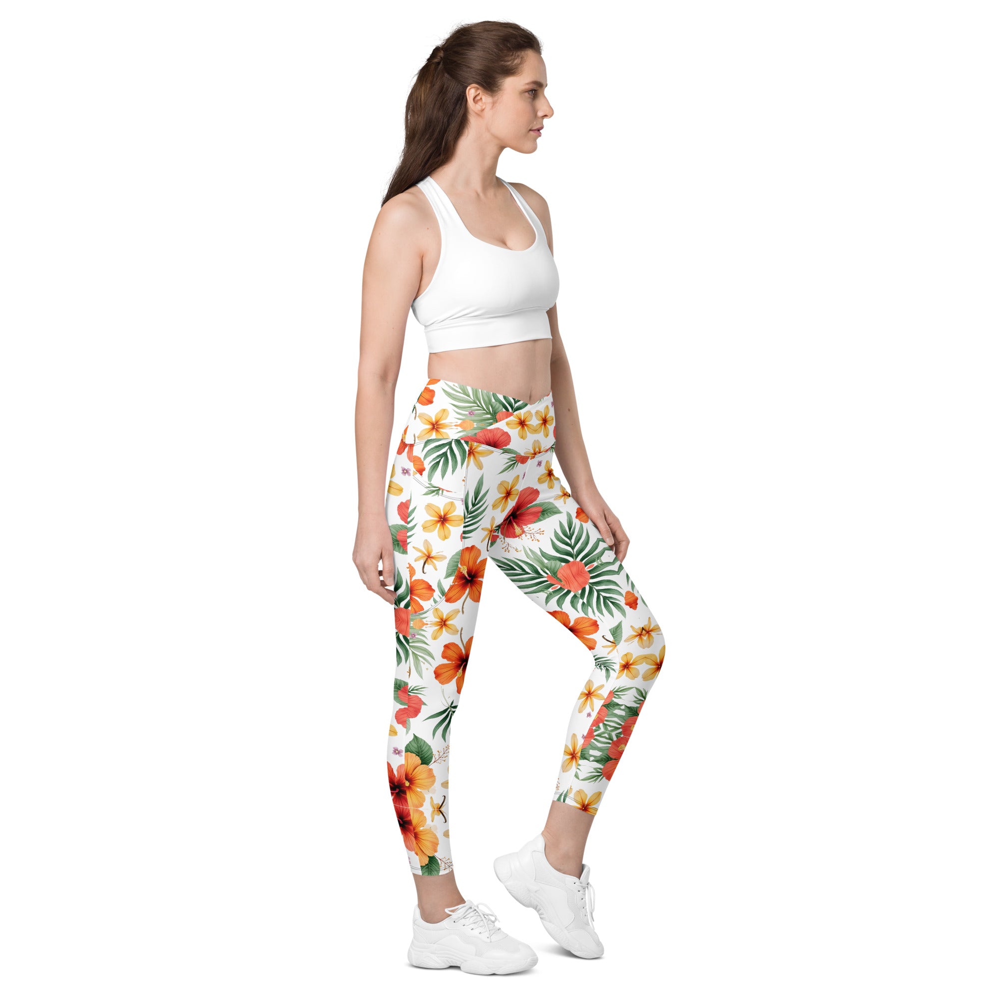 Crossover leggings with pockets - Scattered Bloom Crossover Leggings – Fresh Garden Glow by printfluence.net