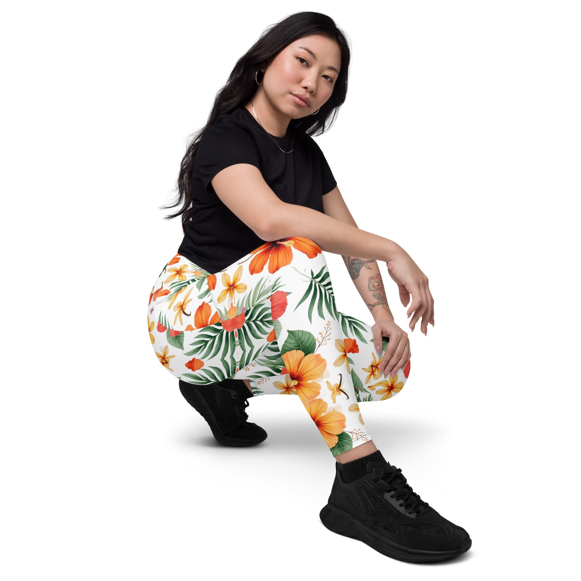 Crossover leggings with pockets - Scattered Bloom Crossover Leggings – Fresh Garden Glow by printfluence.net
