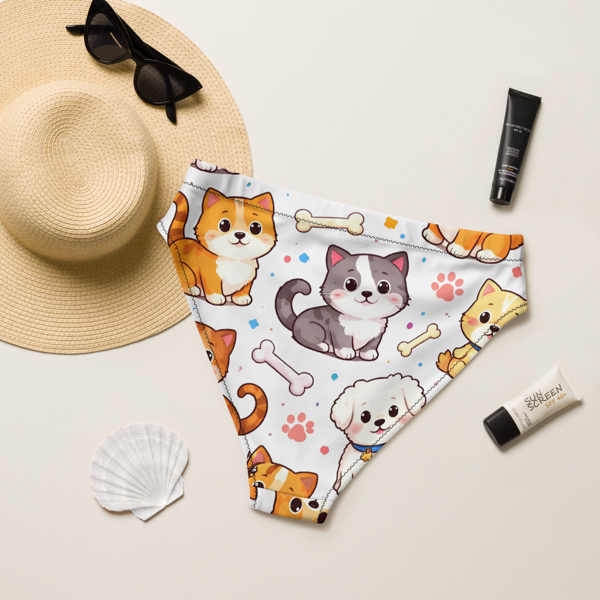Recycled high-waisted bikini bottom - Cartoon Puppy Bikini Bottoms – Recycled High-Waist Dog Print Swimwear by printfluence.net