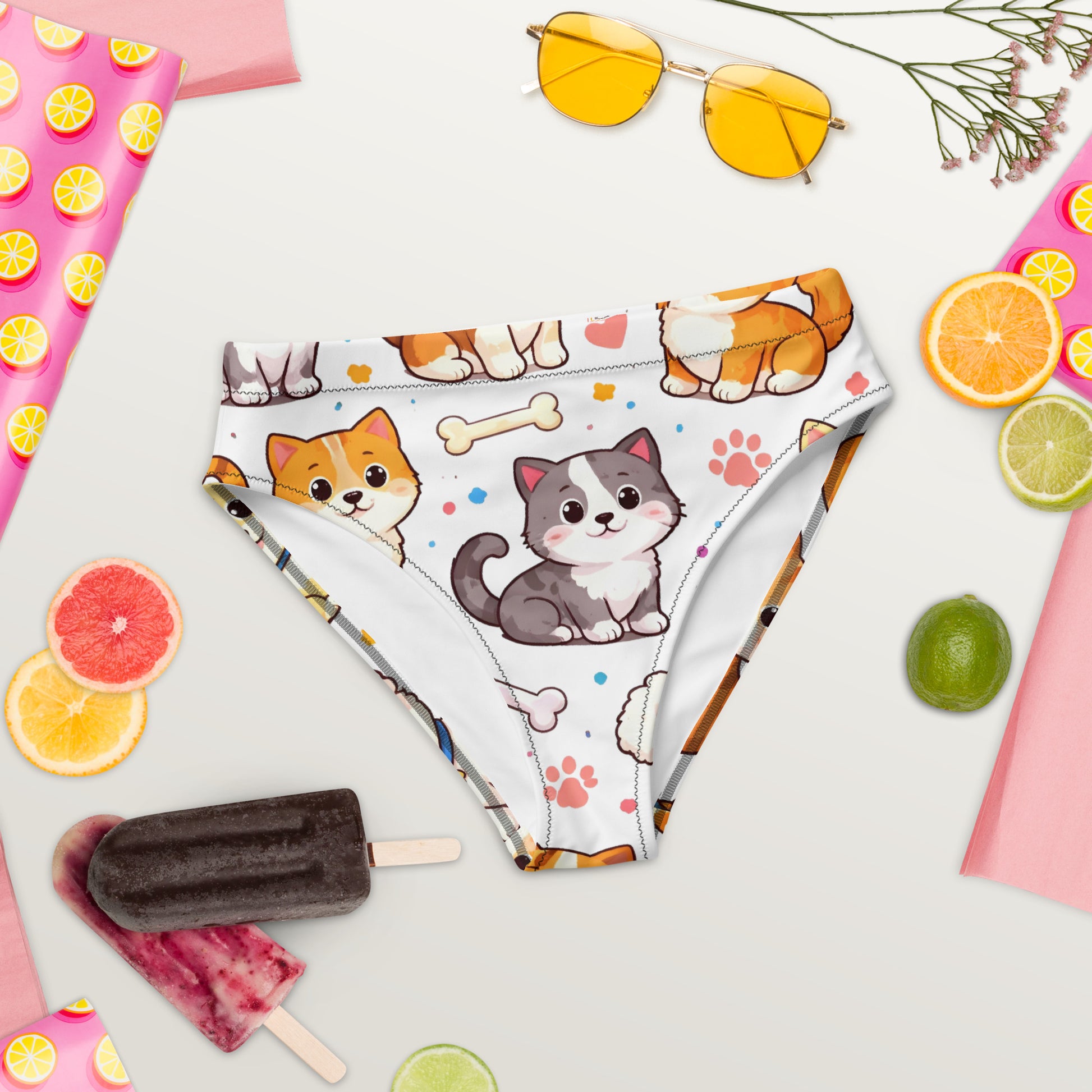 Recycled high-waisted bikini bottom - Cartoon Puppy Bikini Bottoms – Recycled High-Waist Dog Print Swimwear by printfluence.net