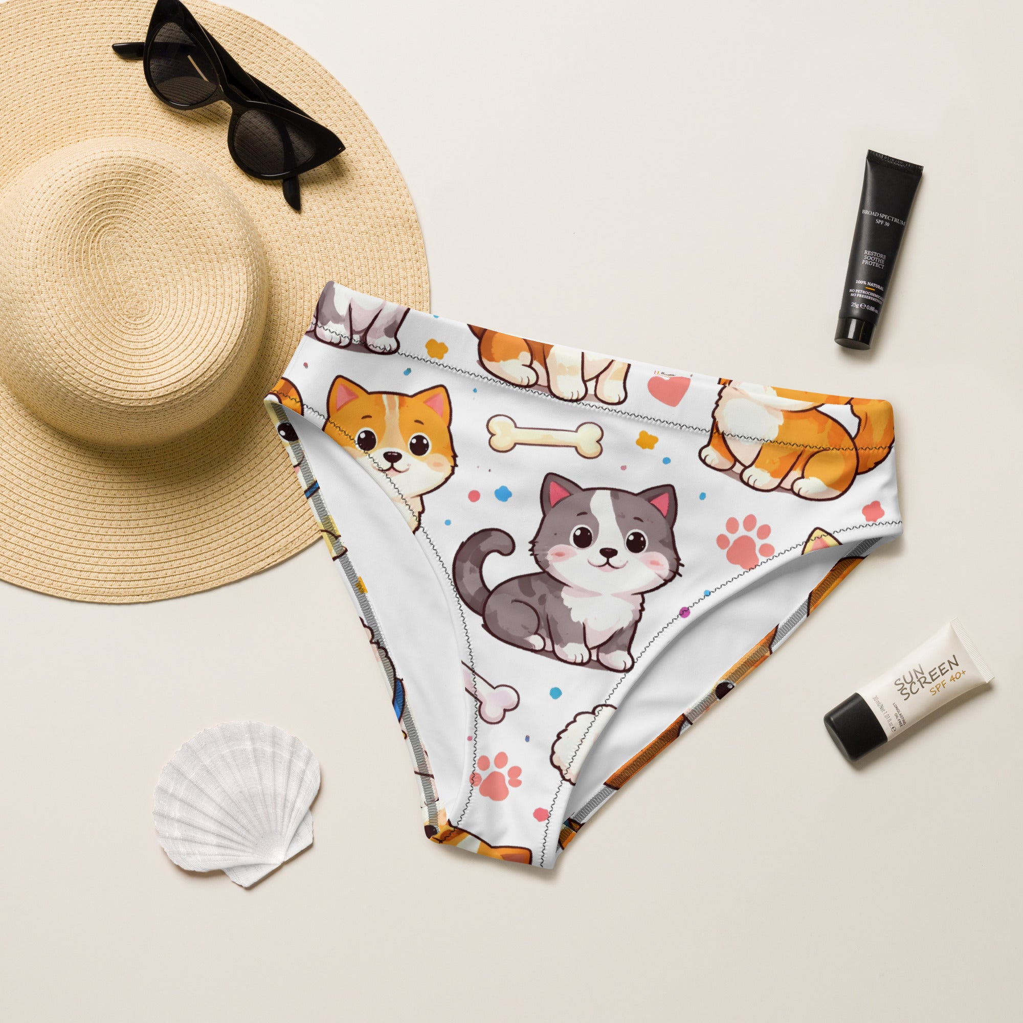 Recycled high-waisted bikini bottom - Cartoon Puppy Bikini Bottoms – Recycled High-Waist Dog Print Swimwear by printfluence.net