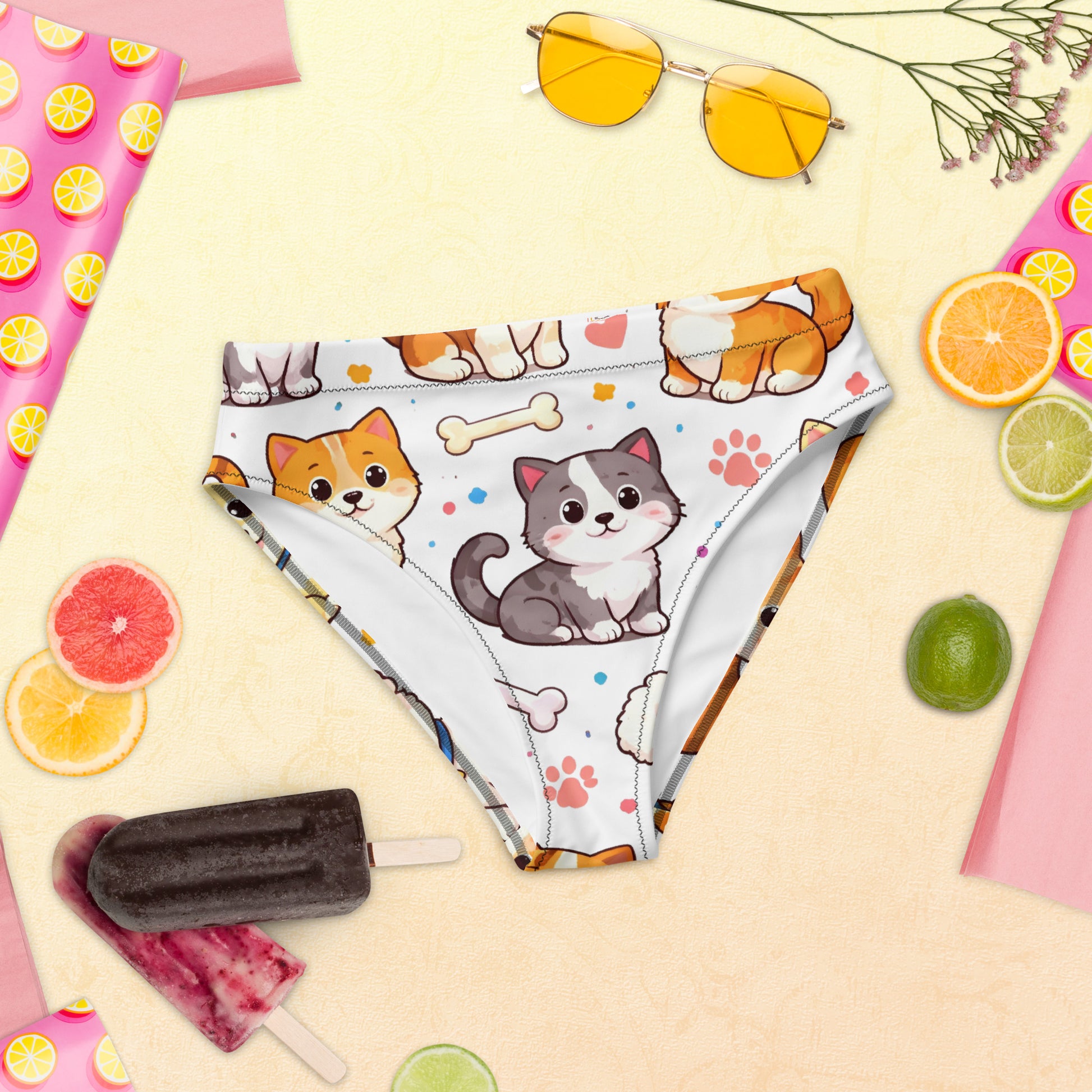Recycled high-waisted bikini bottom - Cartoon Puppy Bikini Bottoms – Recycled High-Waist Dog Print Swimwear by printfluence.net