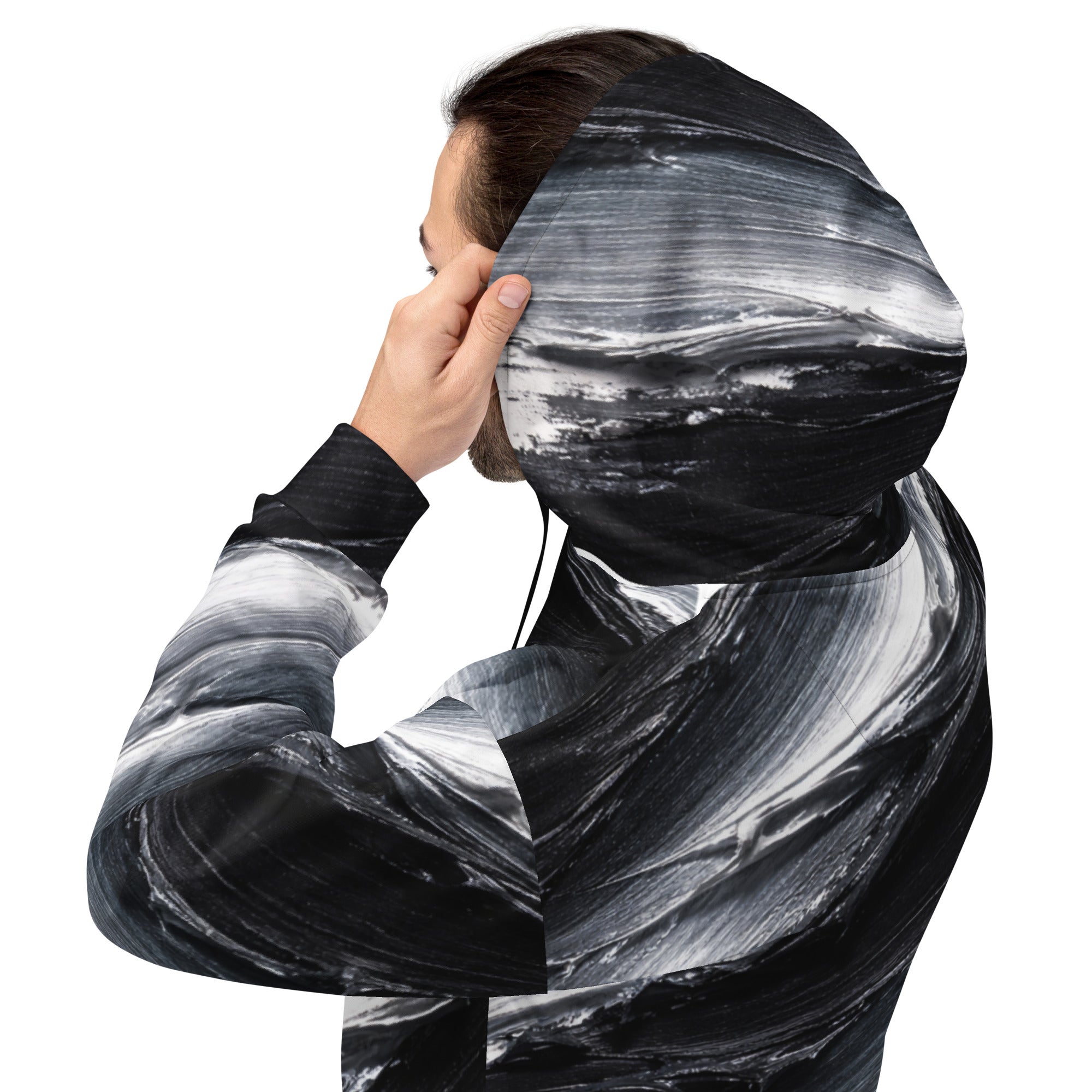 Unisex Hoodie - Monochrome Storm: Abstract Oil Paint All-Over Print Recycled Hoodie 🖤🤍 by printfluence.net