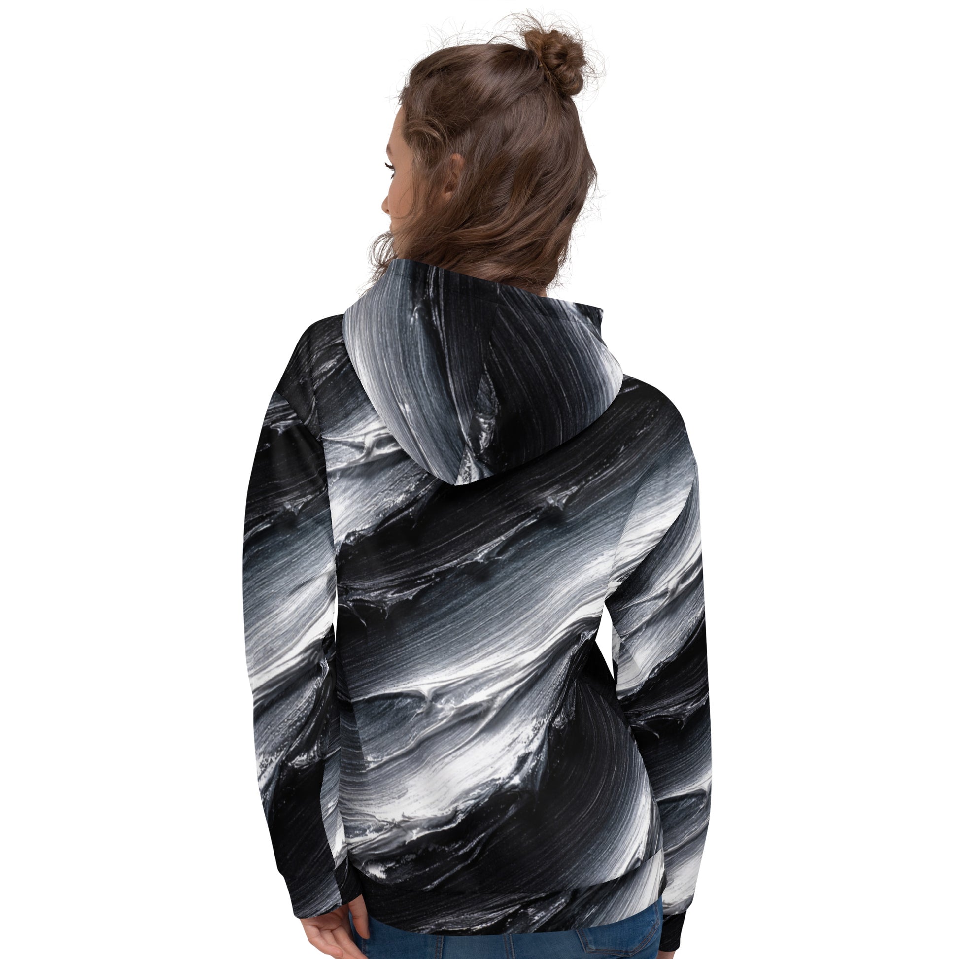Unisex Hoodie - Monochrome Storm: Abstract Oil Paint All-Over Print Recycled Hoodie 🖤🤍 by printfluence.net
