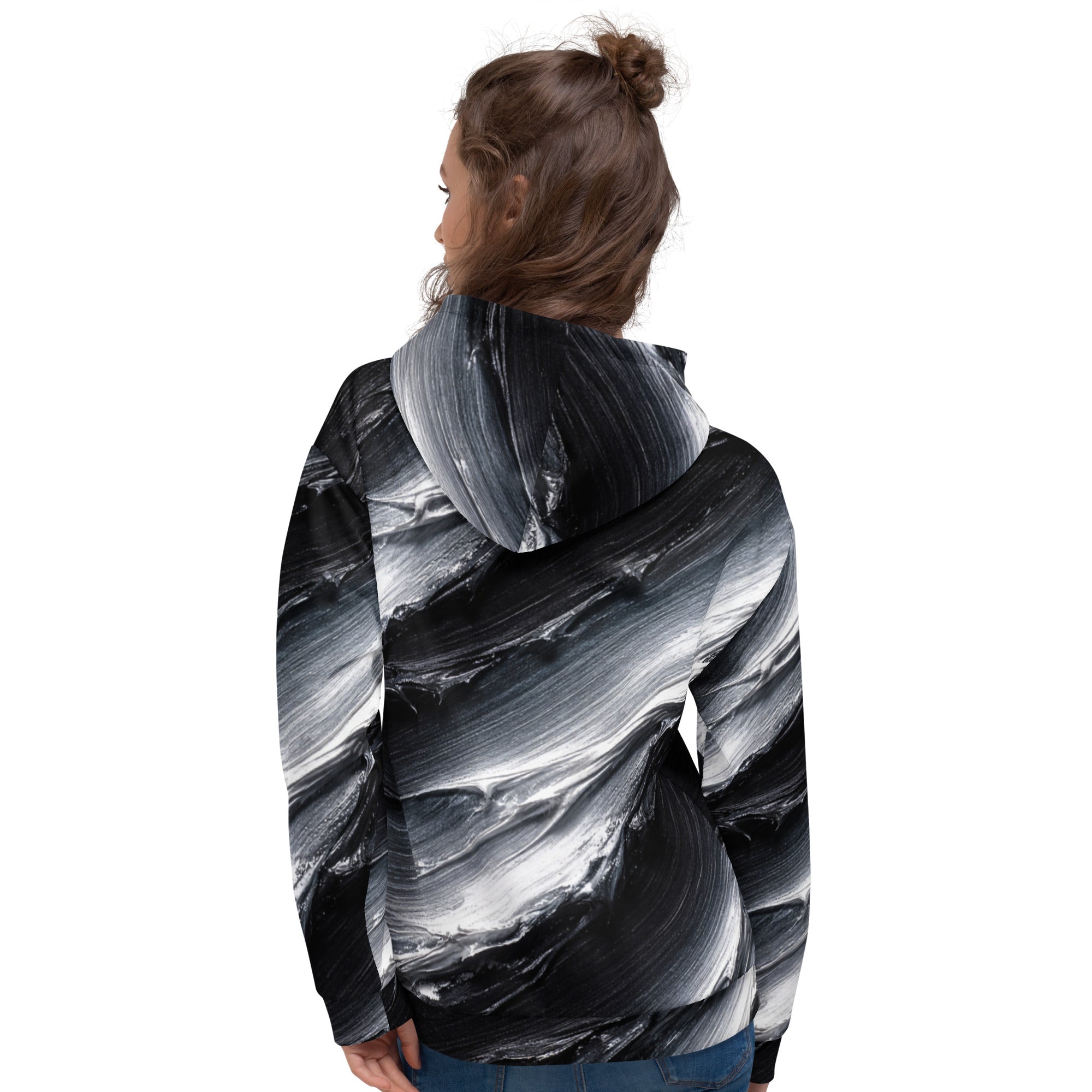 Unisex Hoodie - Monochrome Storm: Abstract Oil Paint All-Over Print Recycled Hoodie 🖤🤍 by printfluence.net