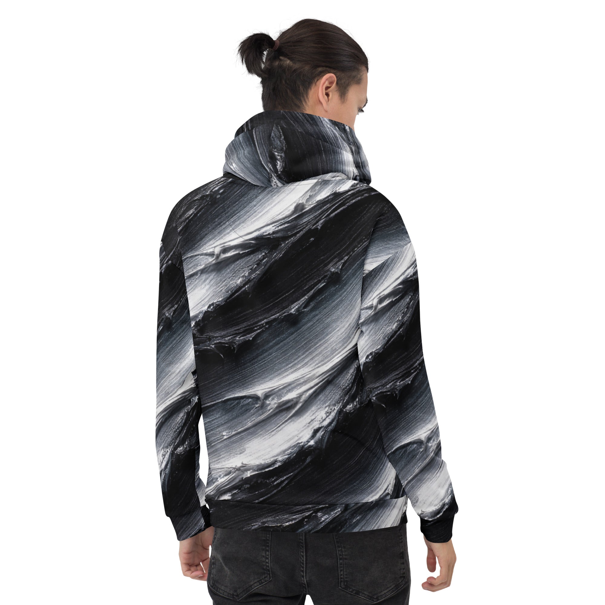 Unisex Hoodie - Monochrome Storm: Abstract Oil Paint All-Over Print Recycled Hoodie 🖤🤍 by printfluence.net