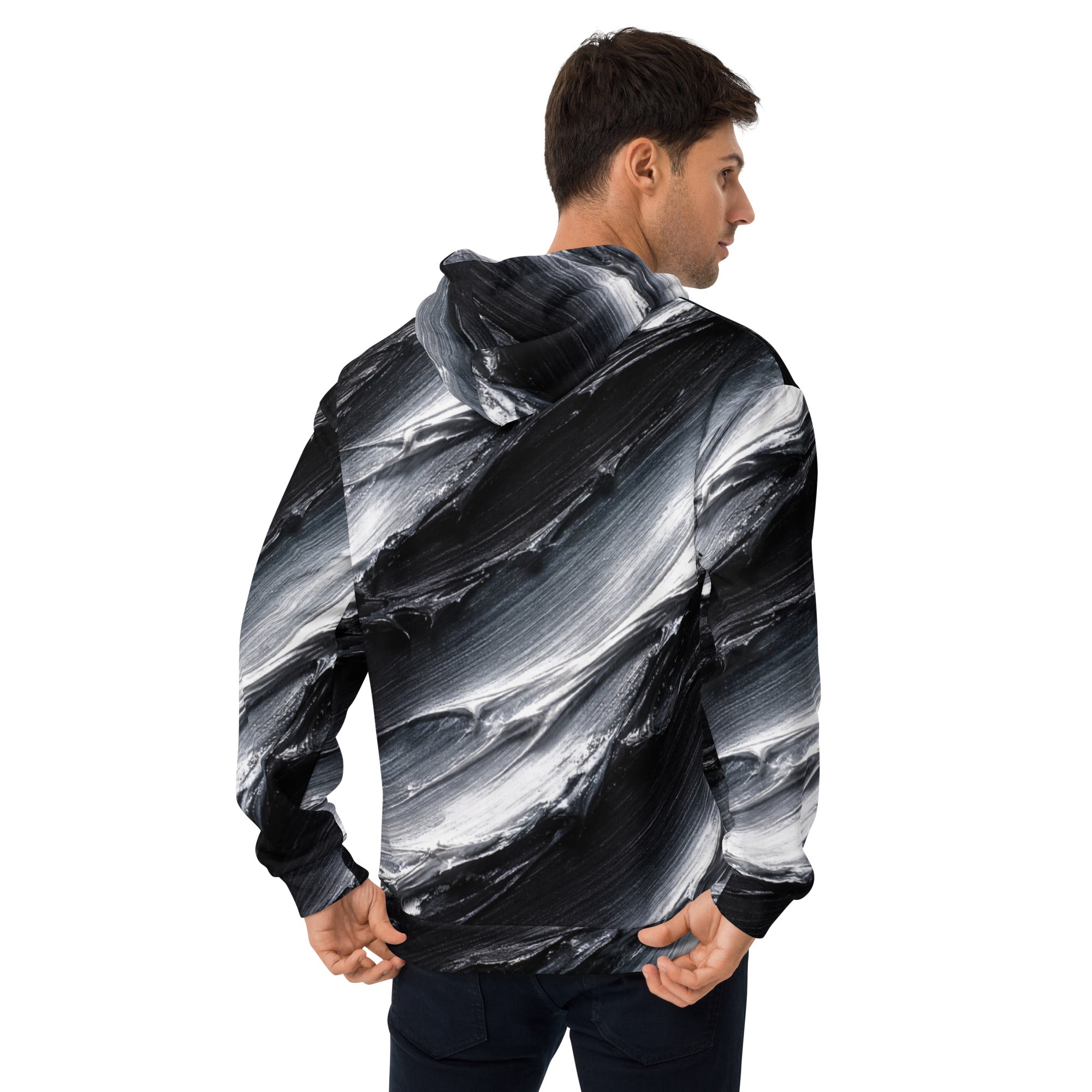 Unisex Hoodie - Monochrome Storm: Abstract Oil Paint All-Over Print Recycled Hoodie 🖤🤍 by printfluence.net