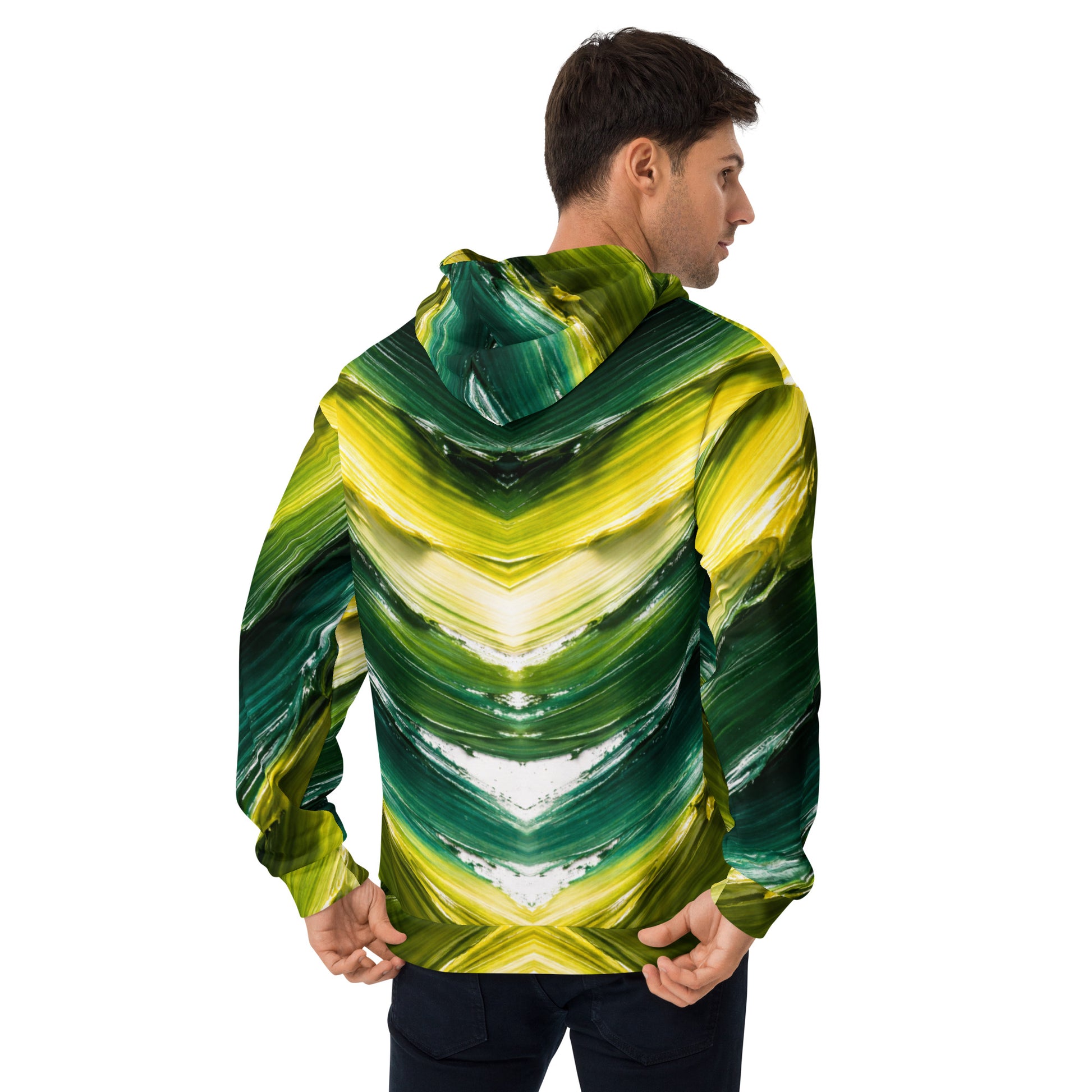Unisex Hoodie - Golden Forest Flow: Abstract Oil Paint All-Over Print Recycled Hoodie 🌿✨ by printfluence.net