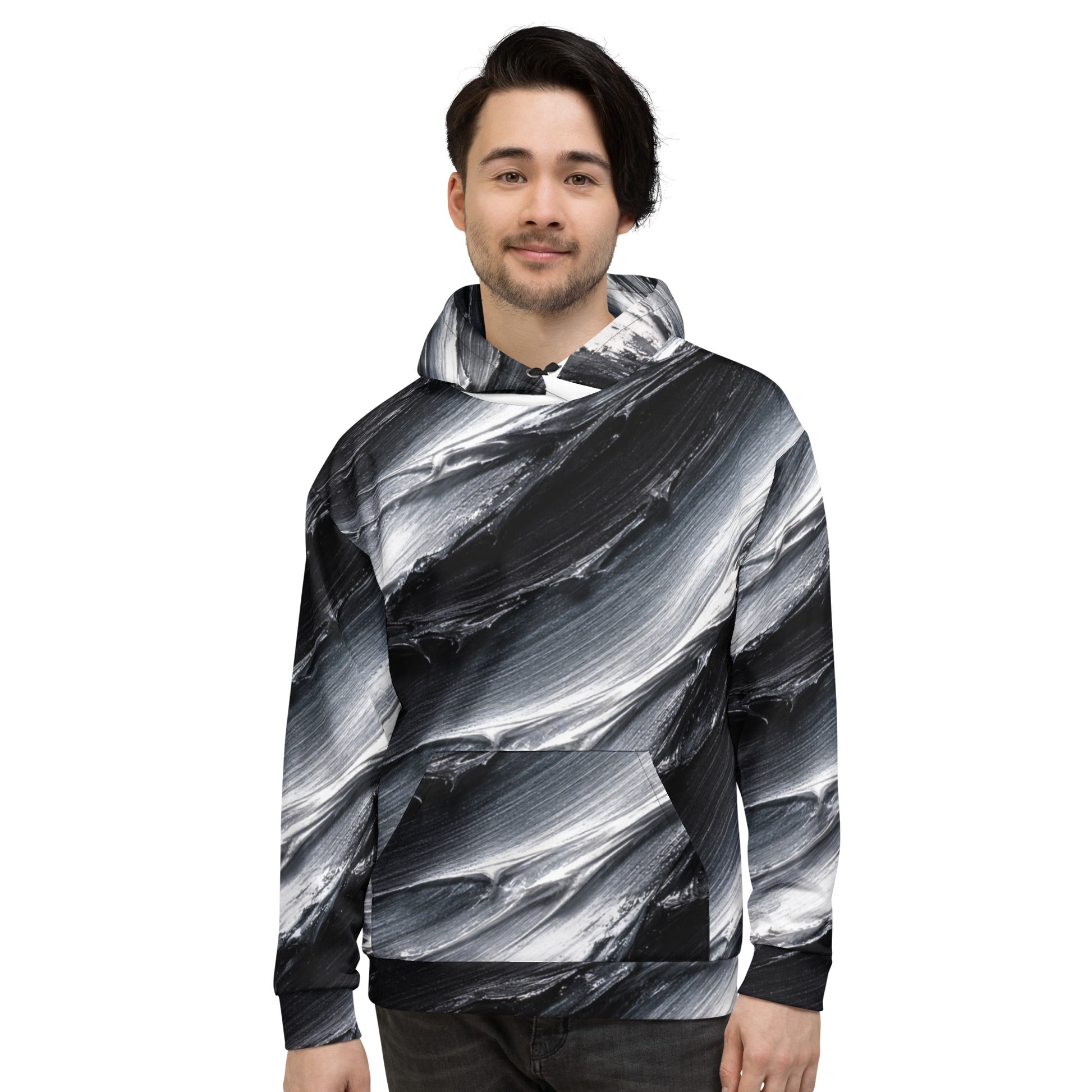 Unisex Hoodie - Monochrome Storm: Abstract Oil Paint All-Over Print Recycled Hoodie 🖤🤍 by printfluence.net