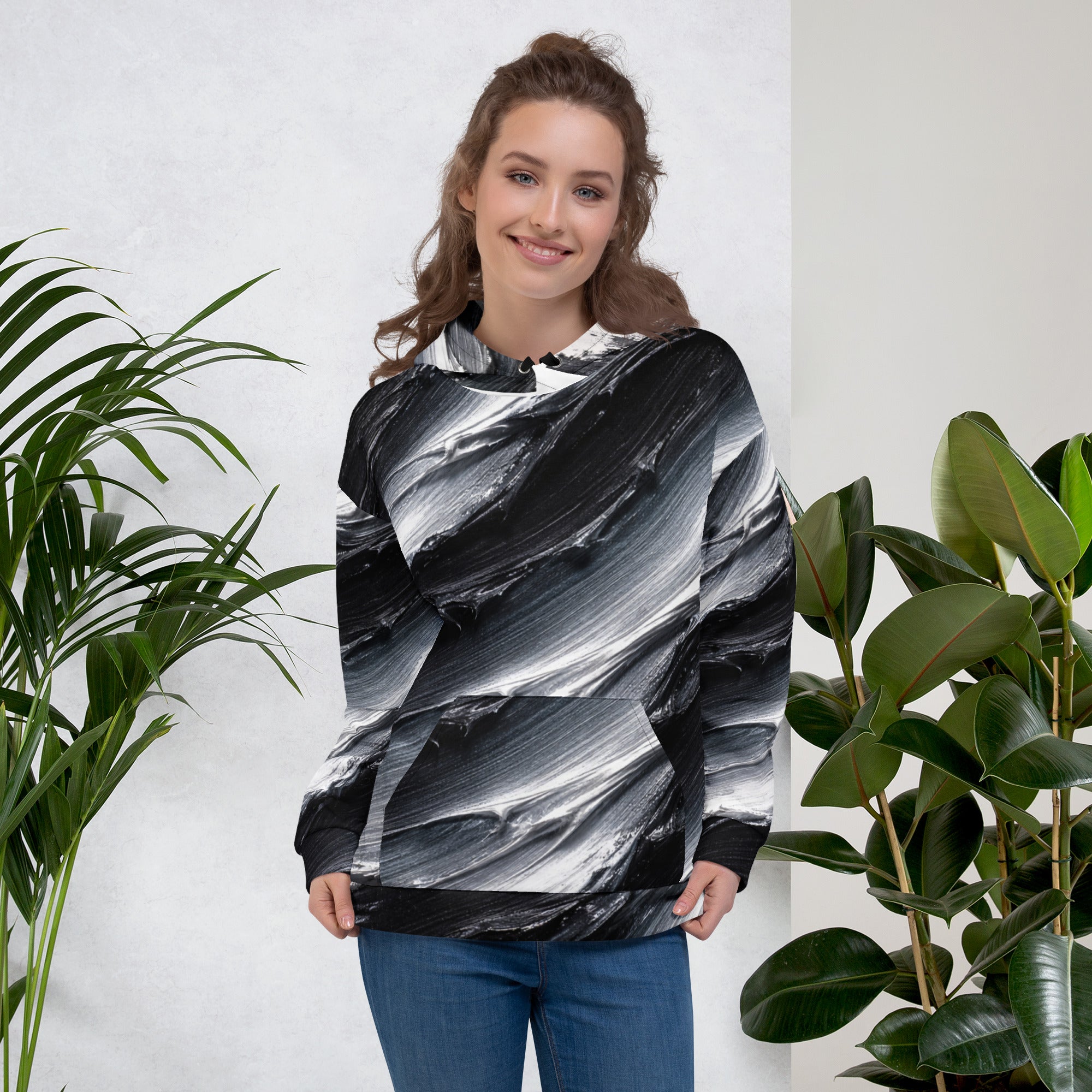 Unisex Hoodie - Monochrome Storm: Abstract Oil Paint All-Over Print Recycled Hoodie 🖤🤍 by printfluence.net