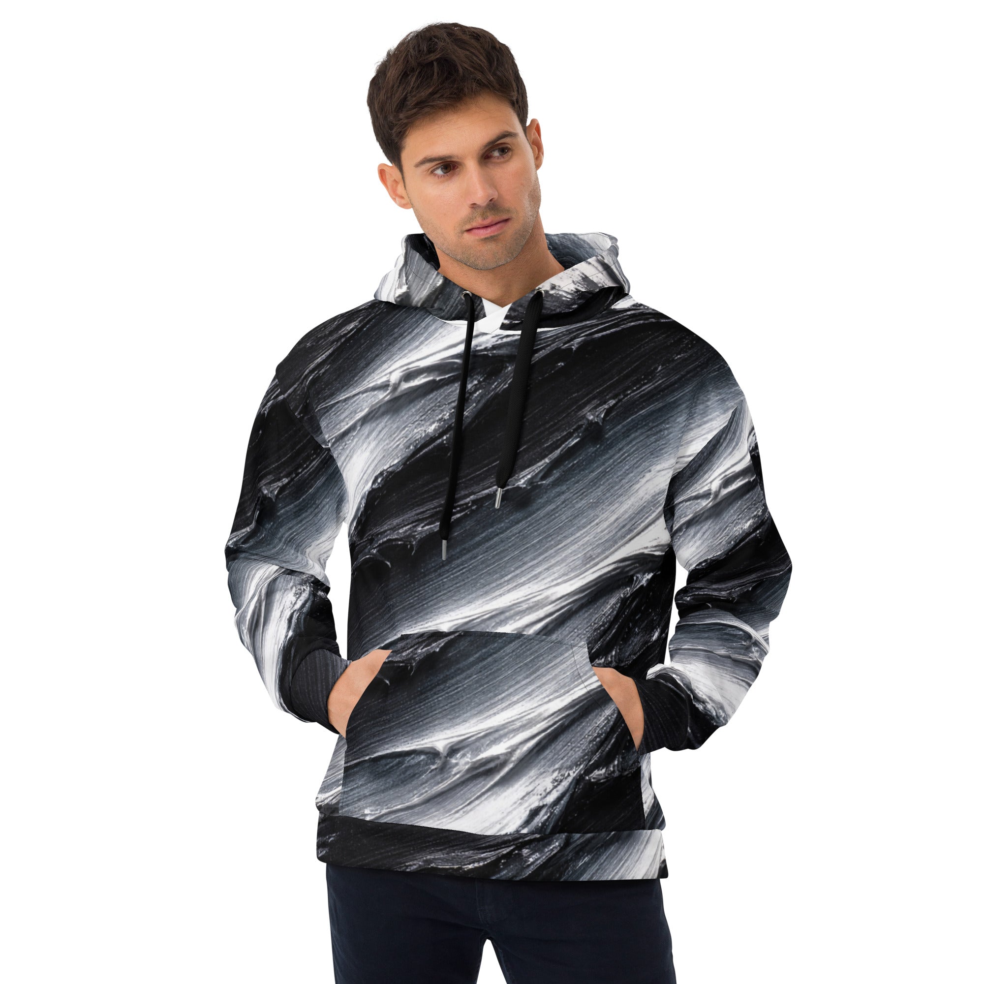 Unisex Hoodie - Monochrome Storm: Abstract Oil Paint All-Over Print Recycled Hoodie 🖤🤍 by printfluence.net