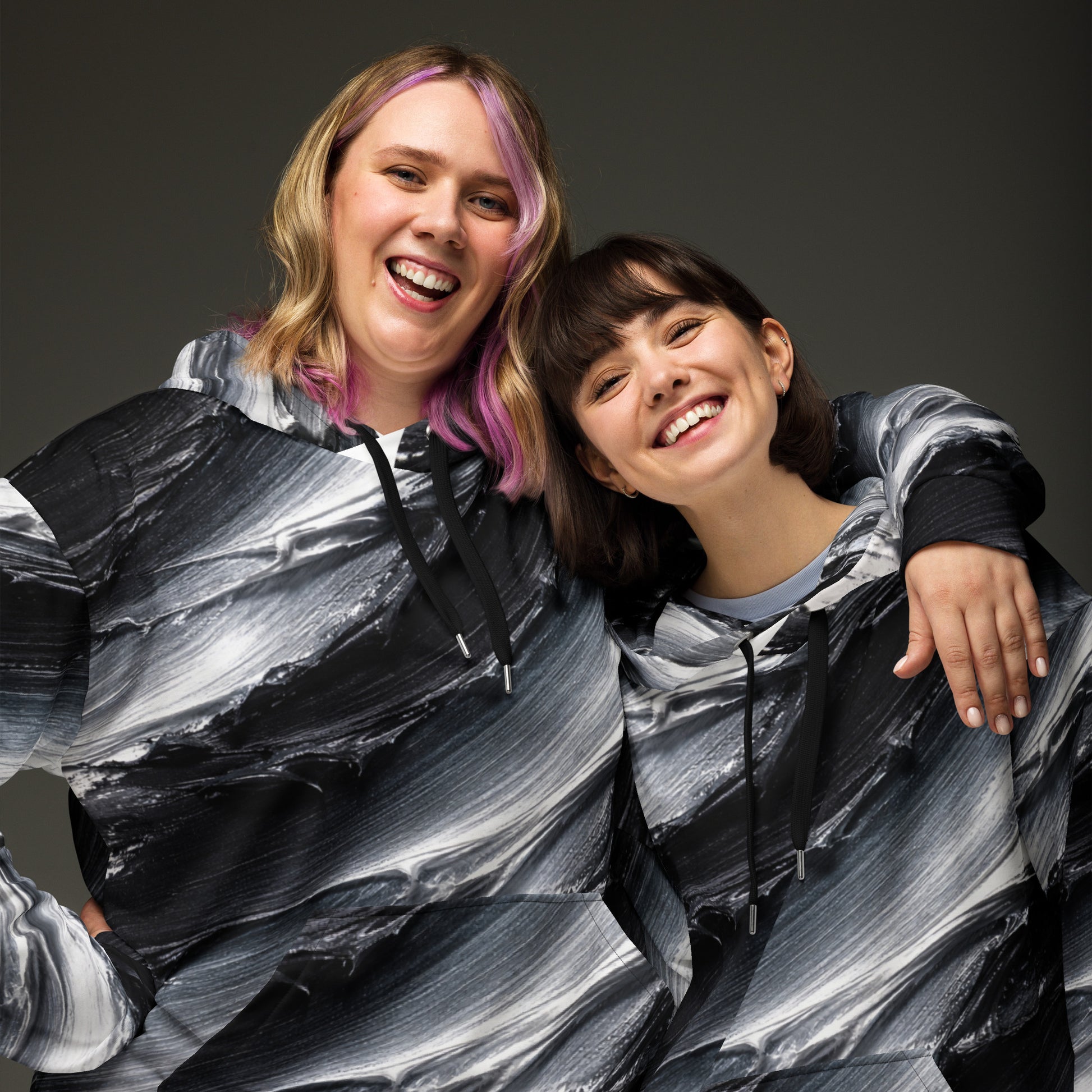 Unisex Hoodie - Monochrome Storm: Abstract Oil Paint All-Over Print Recycled Hoodie 🖤🤍 by printfluence.net
