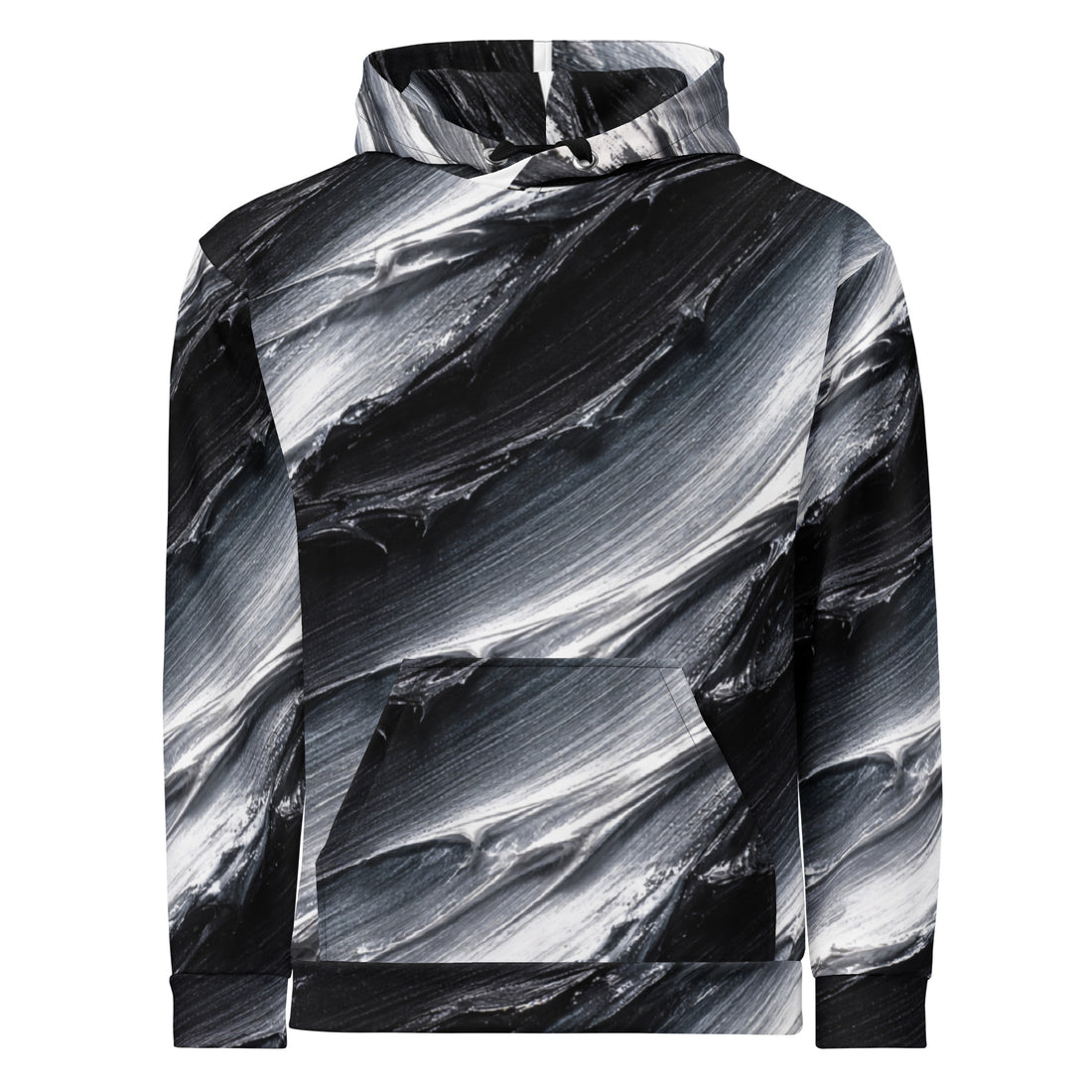 Unisex Hoodie - Monochrome Storm: Abstract Oil Paint All-Over Print Recycled Hoodie 🖤🤍 by printfluence.net