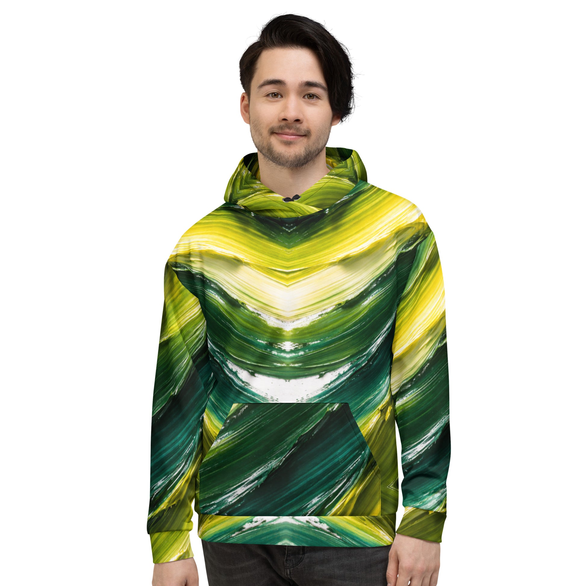 Unisex Hoodie - Golden Forest Flow: Abstract Oil Paint All-Over Print Recycled Hoodie 🌿✨ by printfluence.net