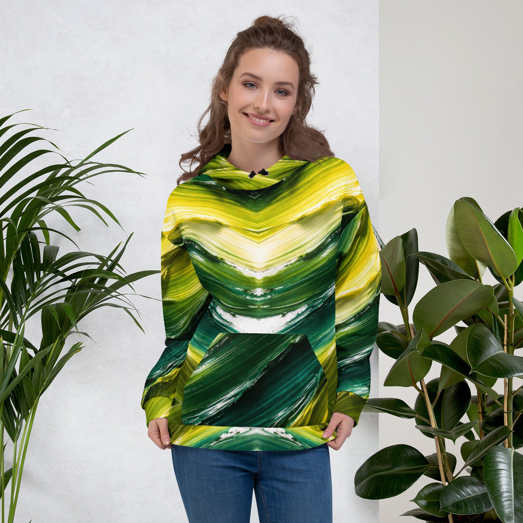 Unisex Hoodie - Golden Forest Flow: Abstract Oil Paint All-Over Print Recycled Hoodie 🌿✨ by printfluence.net