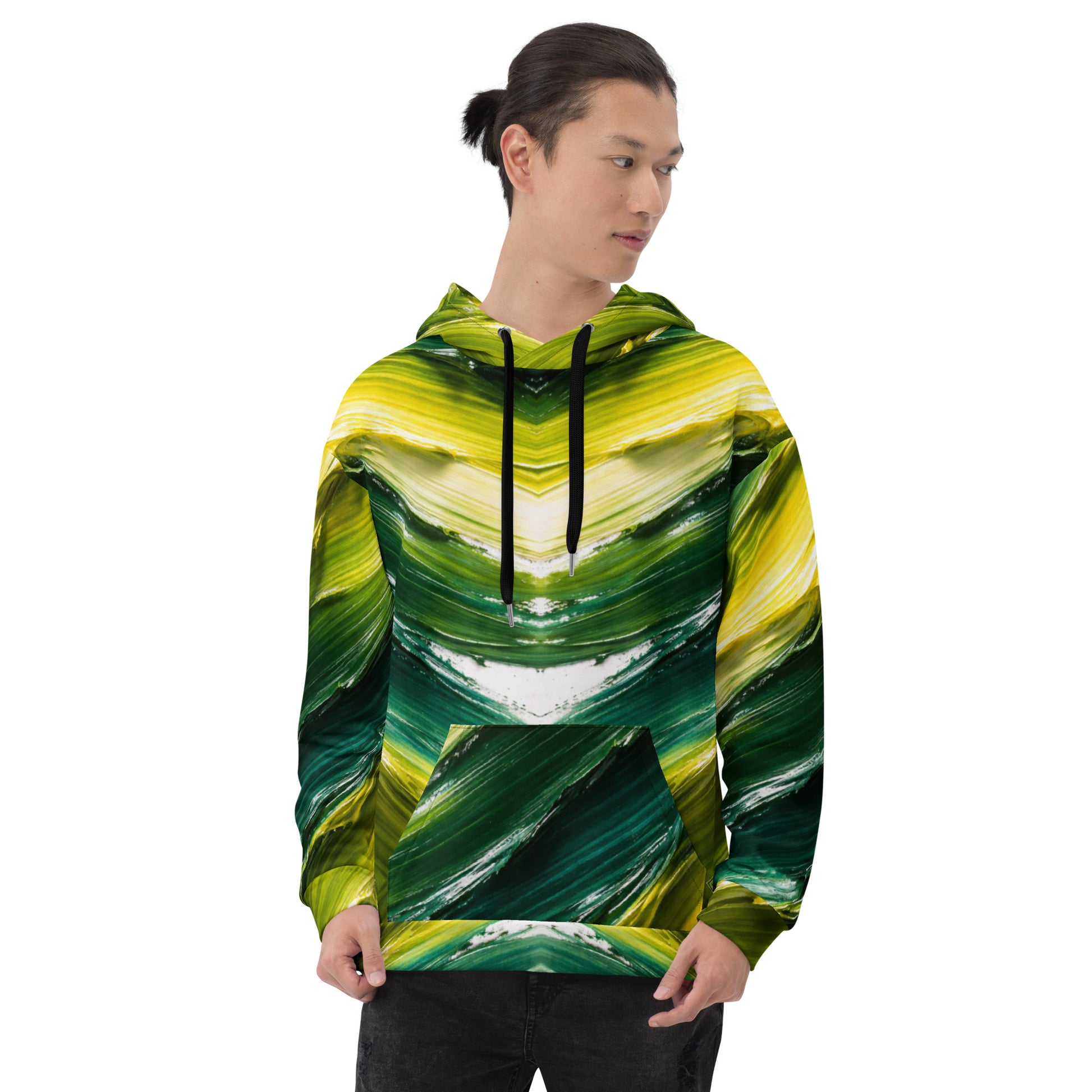 Unisex Hoodie - Golden Forest Flow: Abstract Oil Paint All-Over Print Recycled Hoodie 🌿✨ by printfluence.net