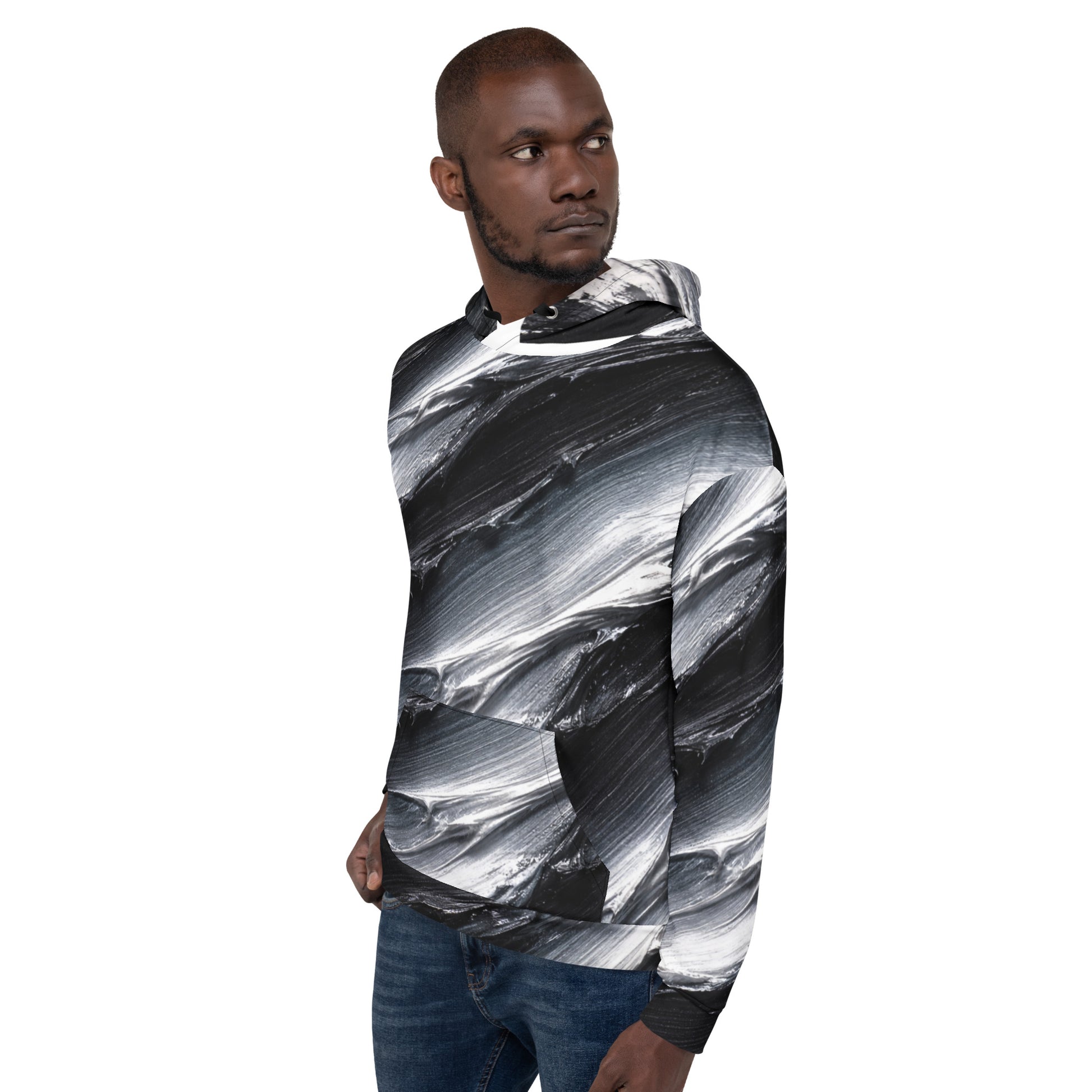 Unisex Hoodie - Monochrome Storm: Abstract Oil Paint All-Over Print Recycled Hoodie 🖤🤍 by printfluence.net