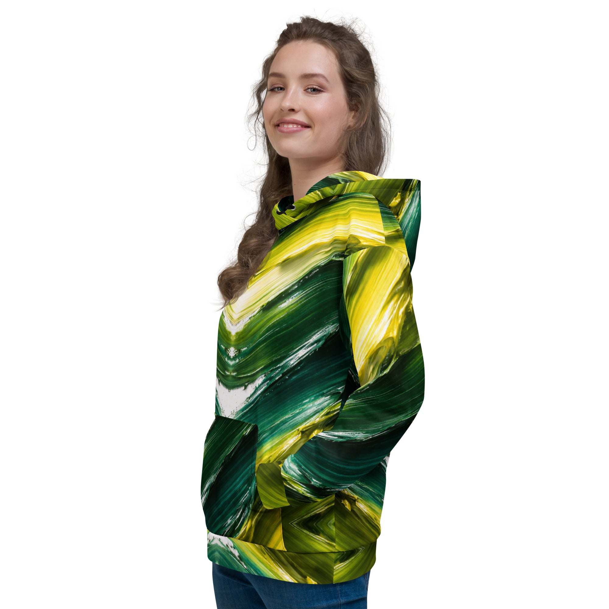 Unisex Hoodie - Golden Forest Flow: Abstract Oil Paint All-Over Print Recycled Hoodie 🌿✨ by printfluence.net
