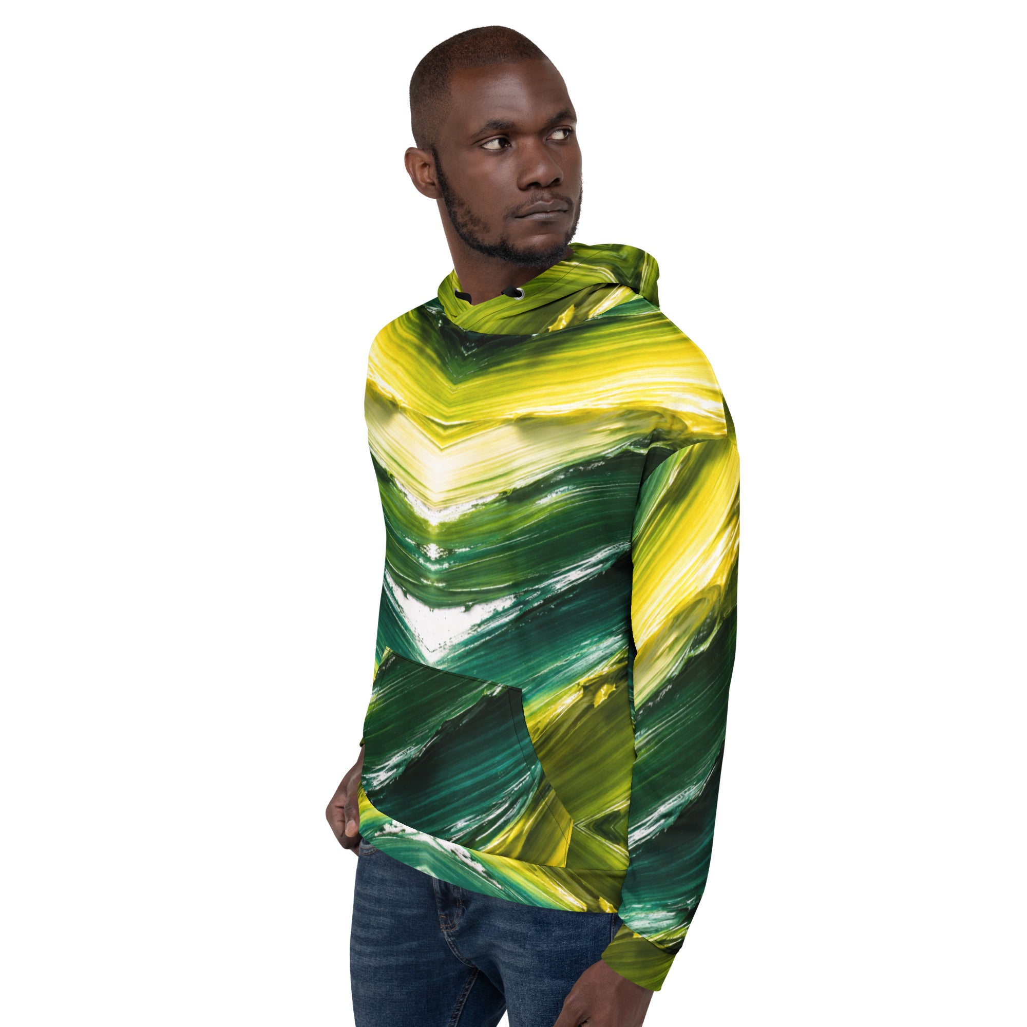 Unisex Hoodie - Golden Forest Flow: Abstract Oil Paint All-Over Print Recycled Hoodie 🌿✨ by printfluence.net