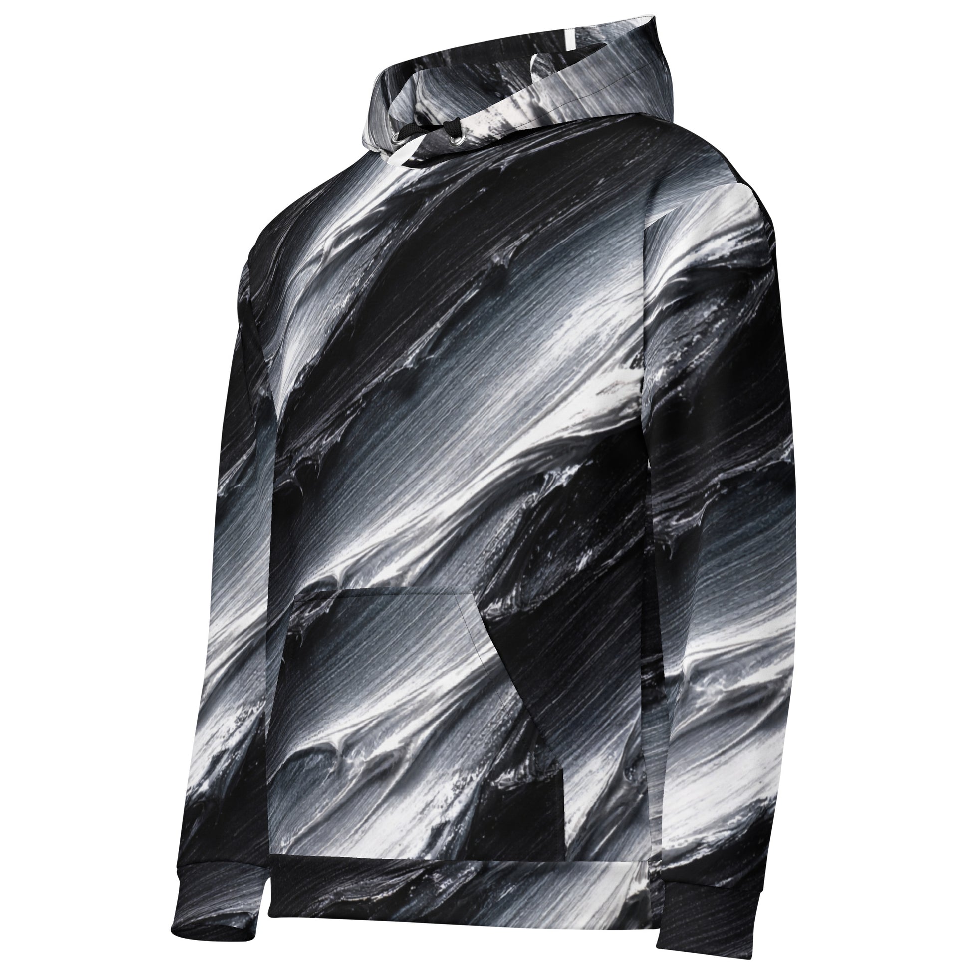 Unisex Hoodie - Monochrome Storm: Abstract Oil Paint All-Over Print Recycled Hoodie 🖤🤍 by printfluence.net
