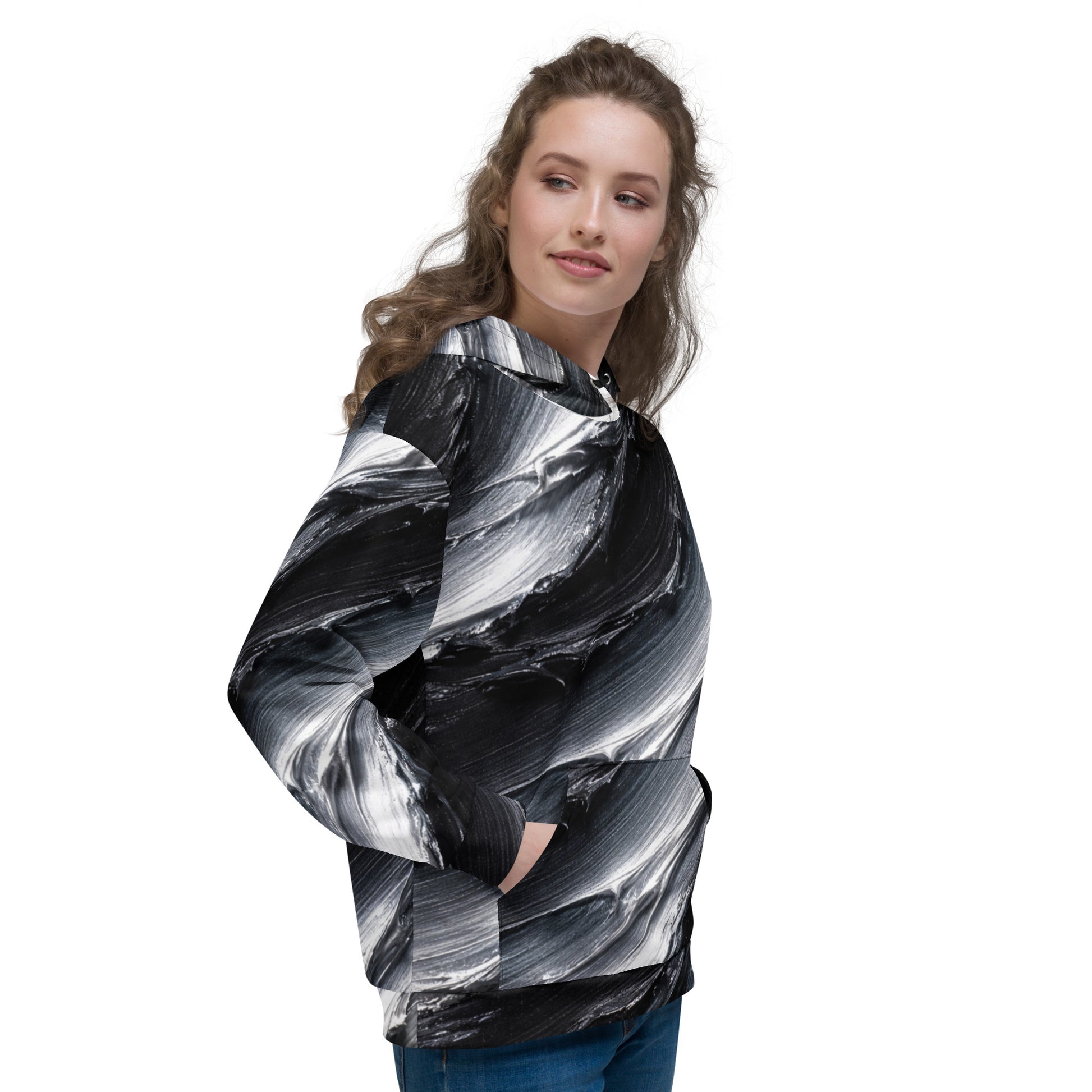 Unisex Hoodie - Monochrome Storm: Abstract Oil Paint All-Over Print Recycled Hoodie 🖤🤍 by printfluence.net