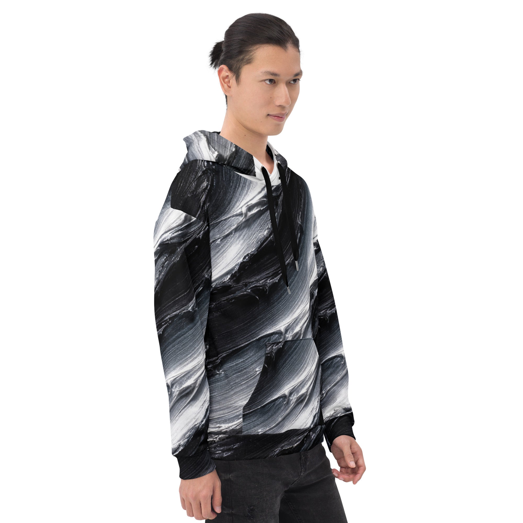 Unisex Hoodie - Monochrome Storm: Abstract Oil Paint All-Over Print Recycled Hoodie 🖤🤍 by printfluence.net