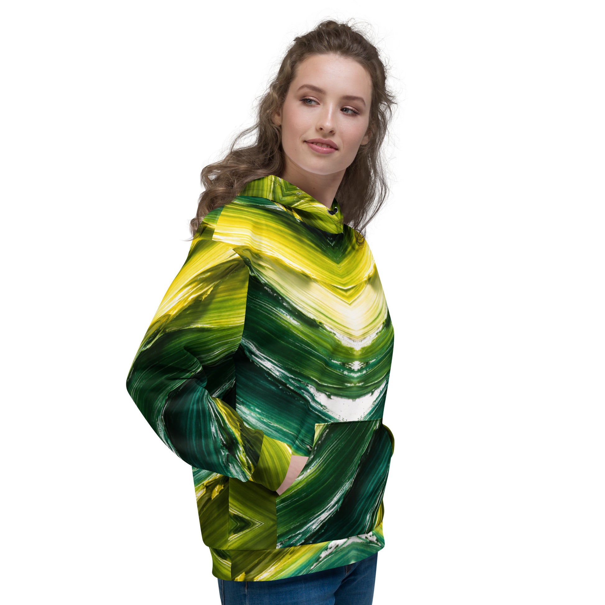 Unisex Hoodie - Golden Forest Flow: Abstract Oil Paint All-Over Print Recycled Hoodie 🌿✨ by printfluence.net
