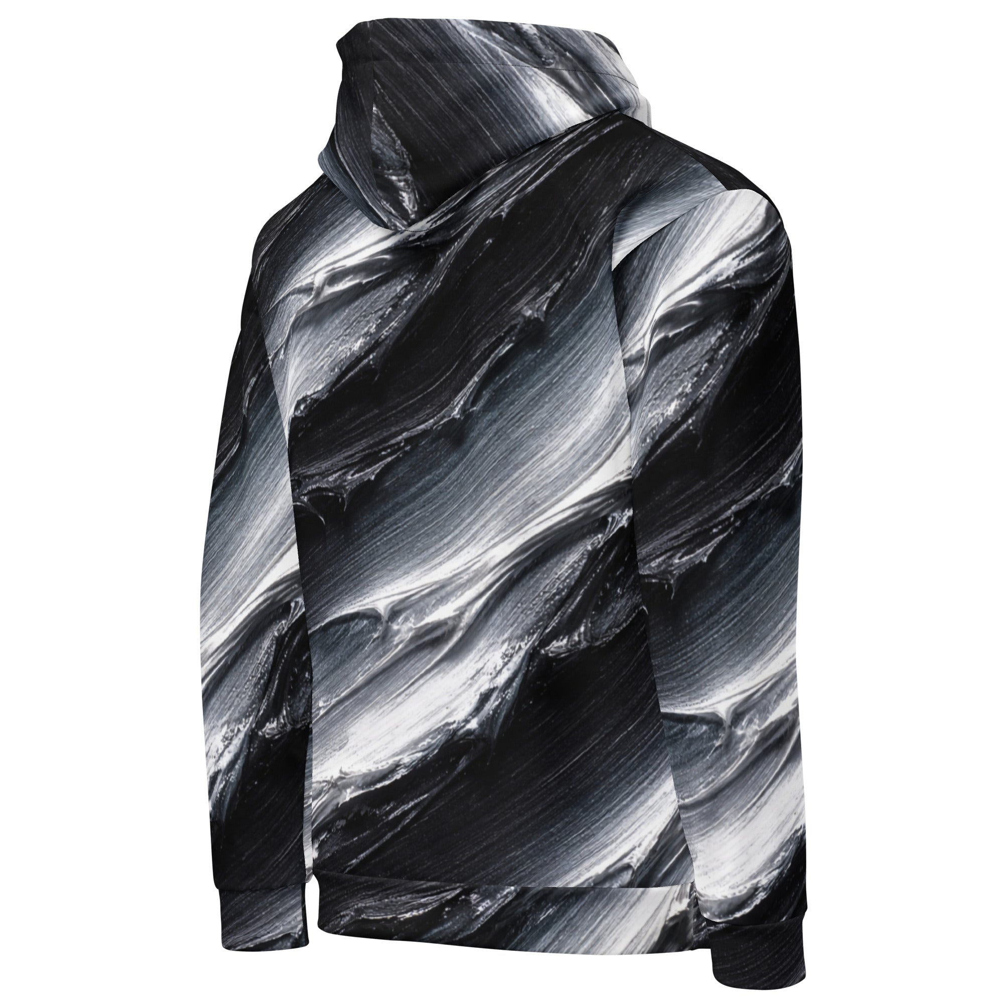 Unisex Hoodie - Monochrome Storm: Abstract Oil Paint All-Over Print Recycled Hoodie 🖤🤍 by printfluence.net