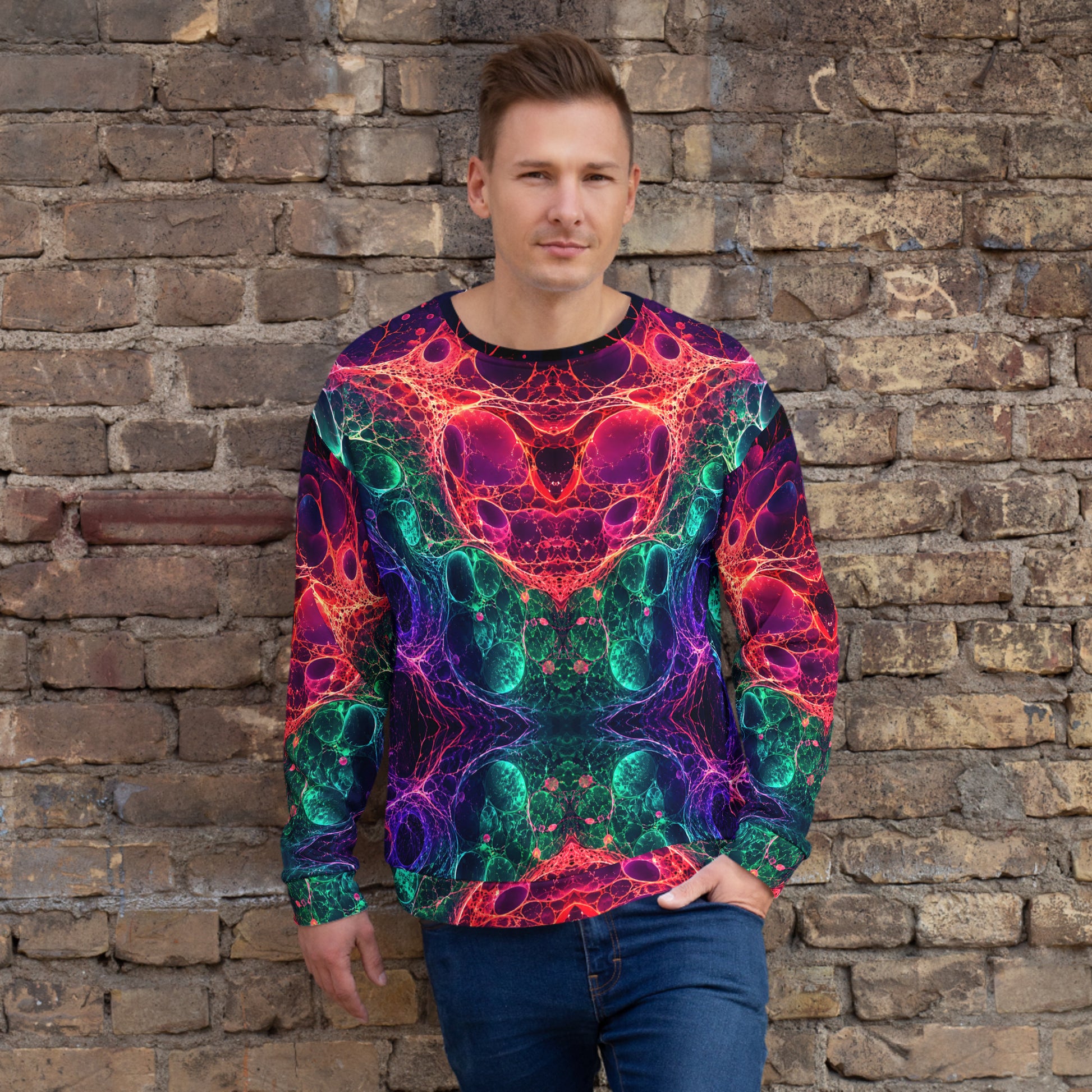 Unisex Sweatshirt - Bioluminescent Neural Cell Network Vibrant Abstract by printfluence.net