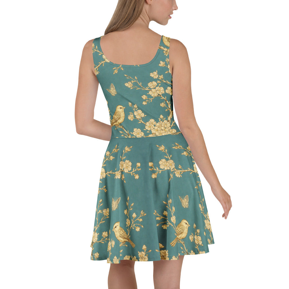 Skater Dress - Golden Grove Skater Dress – All-Over Gold Birds & Branches Print Midi by printfluence.net