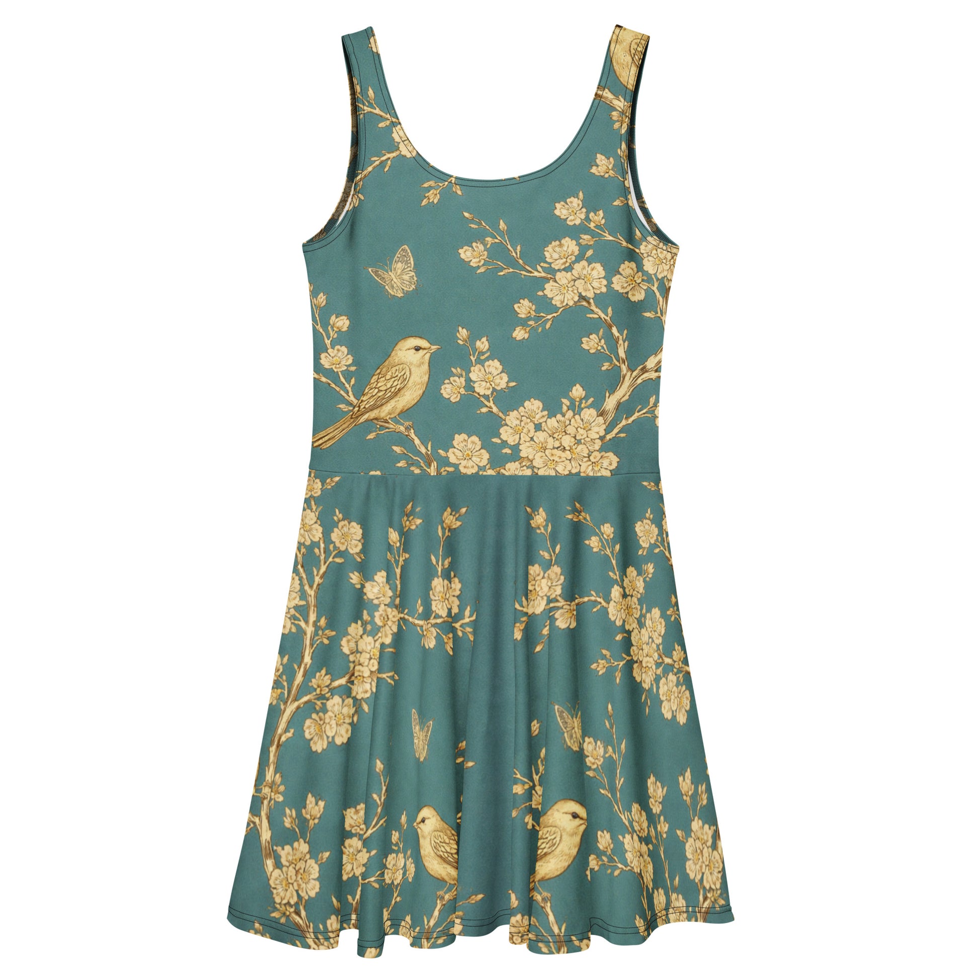 Skater Dress - Golden Grove Skater Dress – All-Over Gold Birds & Branches Print Midi by printfluence.net