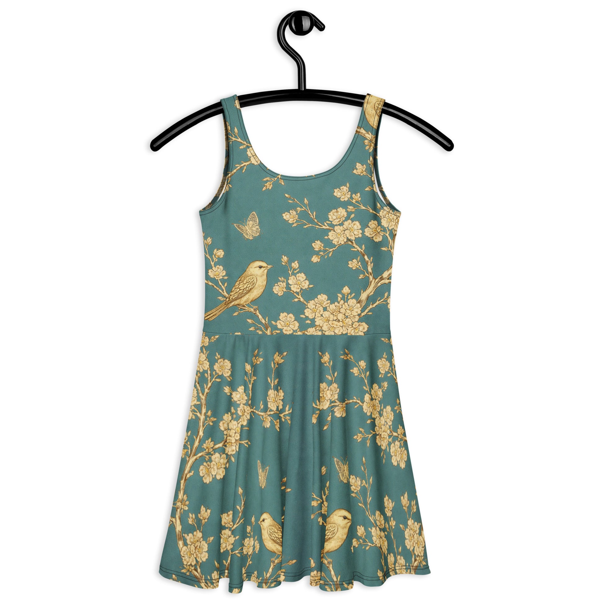 Skater Dress - Golden Grove Skater Dress – All-Over Gold Birds & Branches Print Midi by printfluence.net