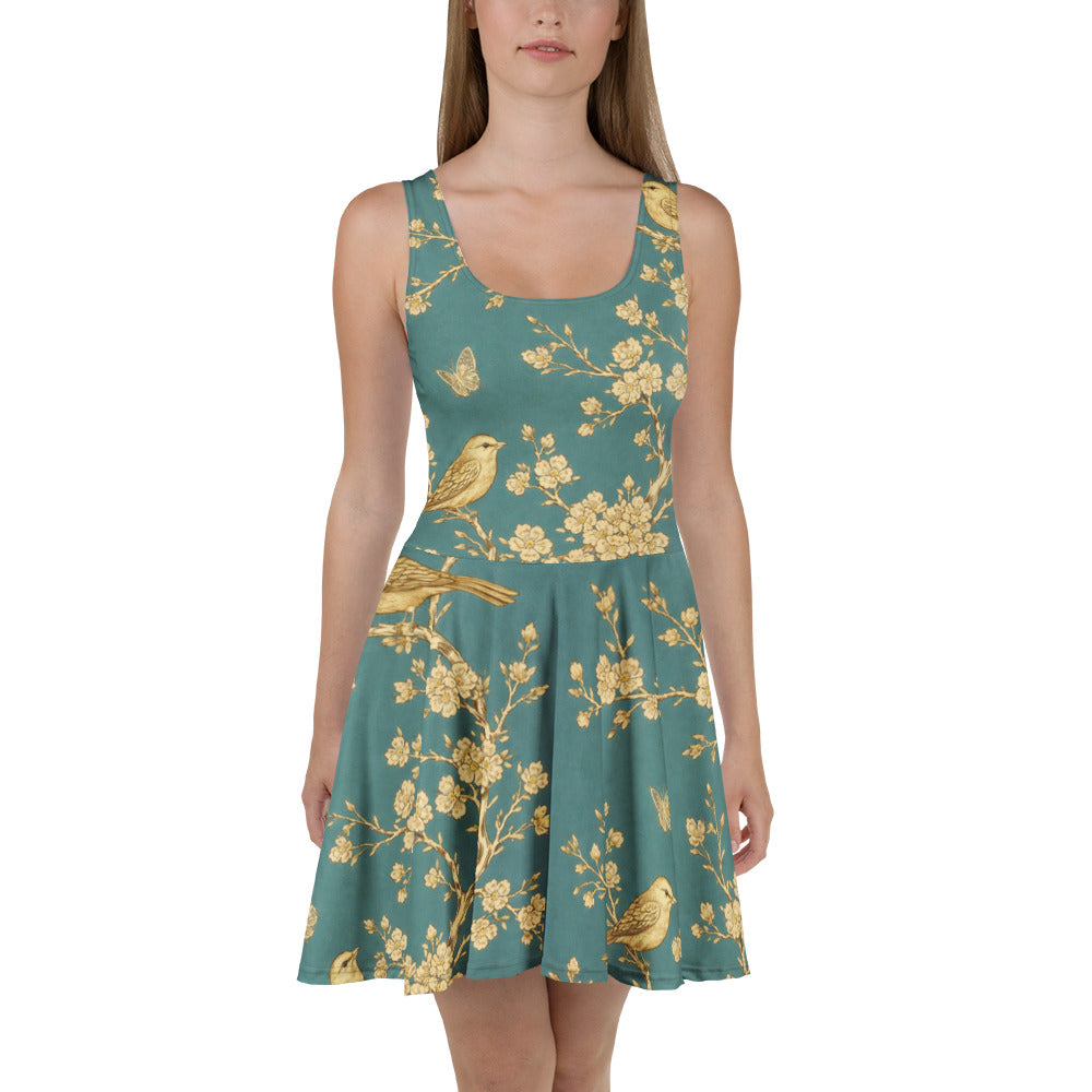 Skater Dress - Golden Grove Skater Dress – All-Over Gold Birds & Branches Print Midi by printfluence.net