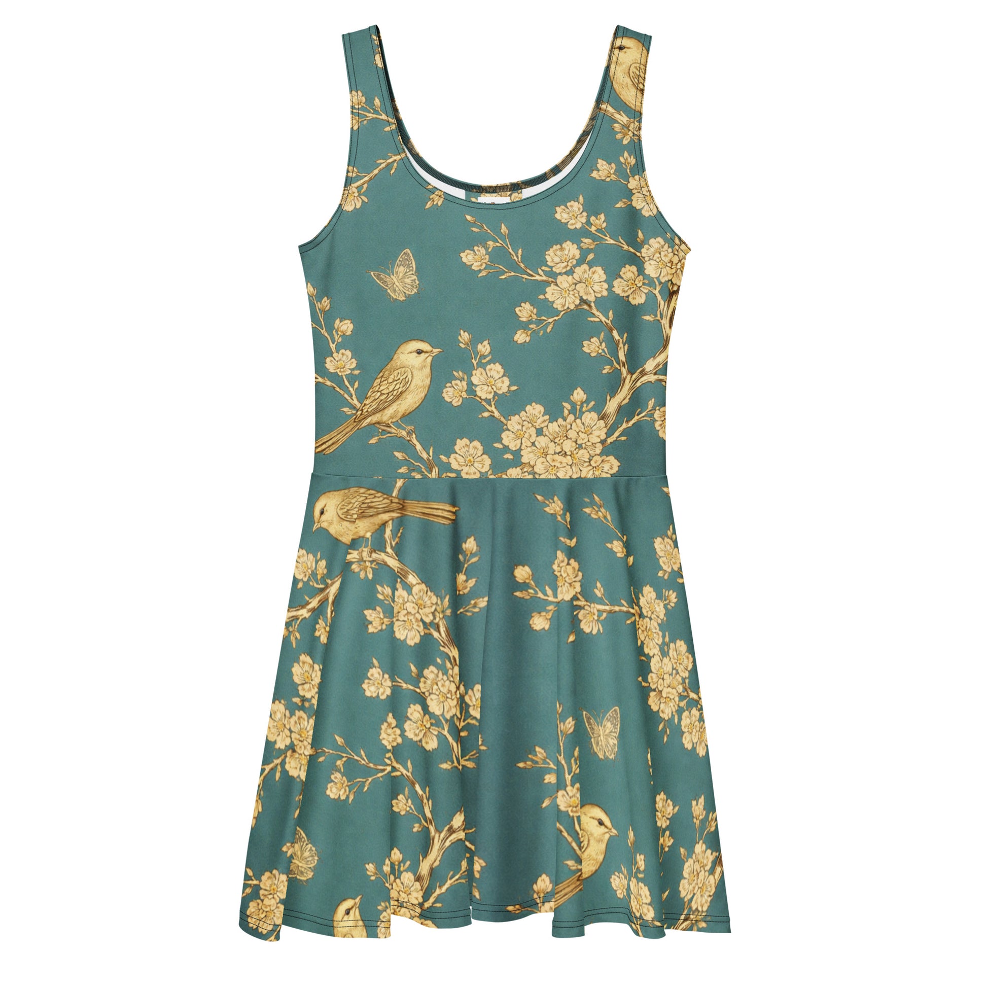 Skater Dress - Golden Grove Skater Dress – All-Over Gold Birds & Branches Print Midi by printfluence.net