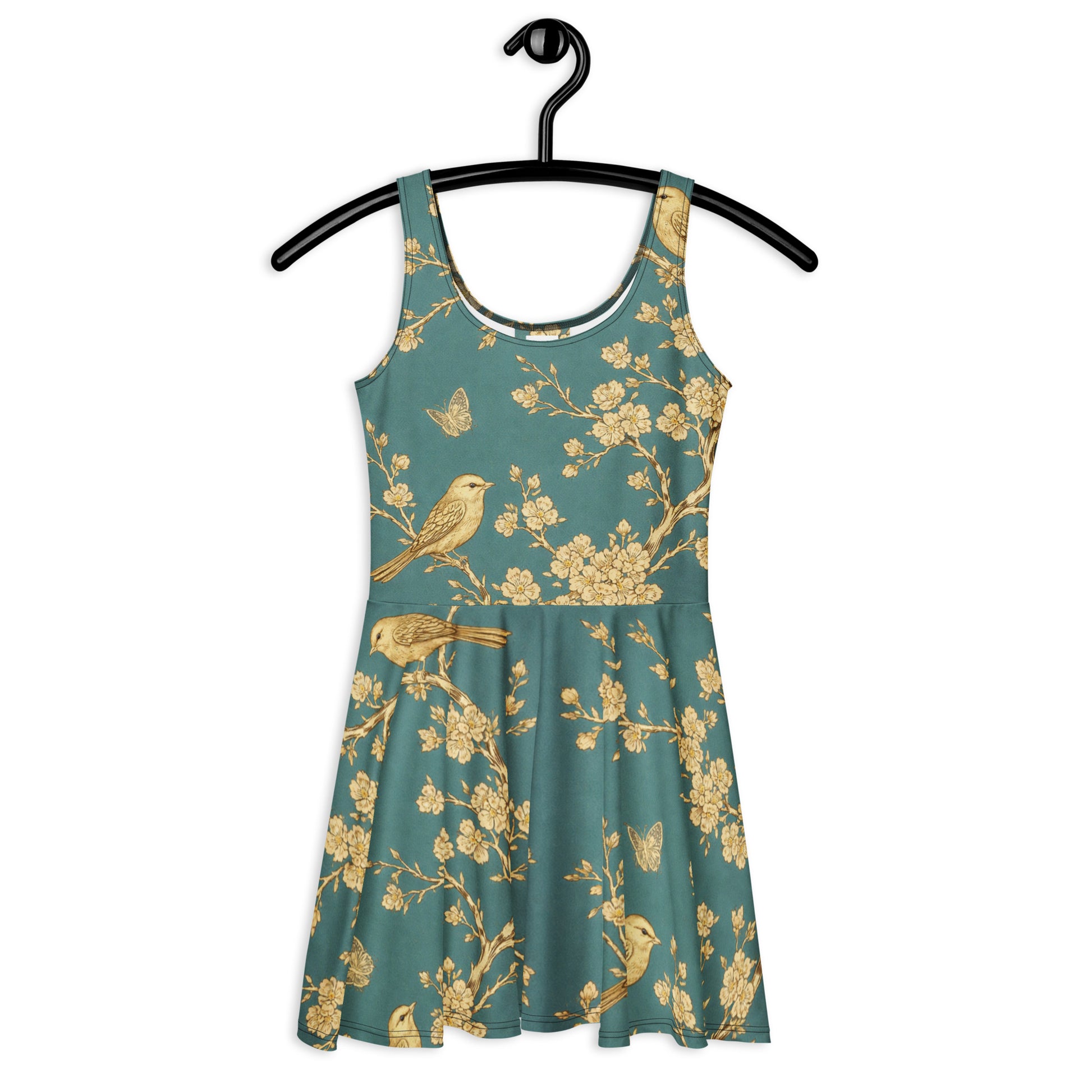 Skater Dress - Golden Grove Skater Dress – All-Over Gold Birds & Branches Print Midi by printfluence.net