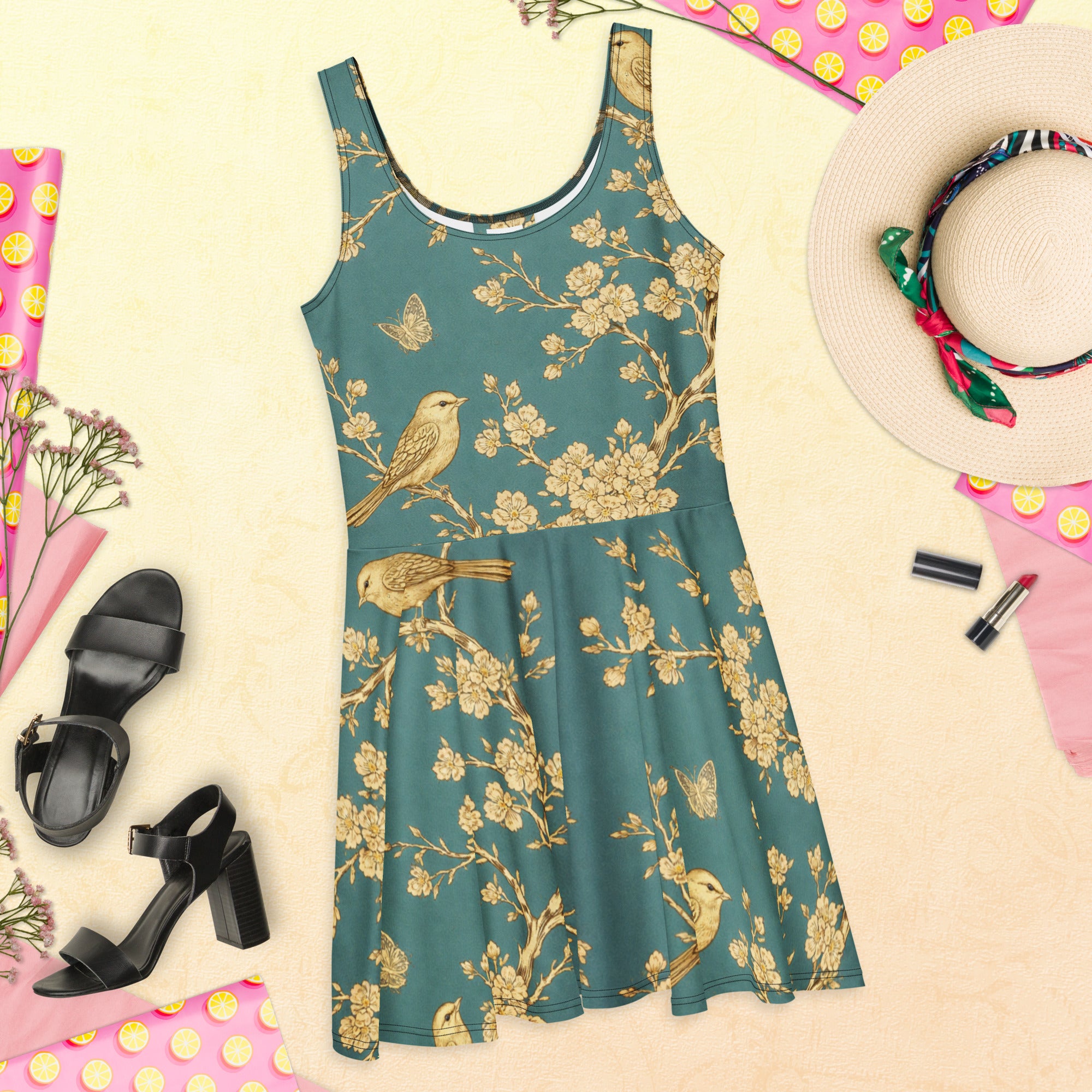 Skater Dress - Golden Grove Skater Dress – All-Over Gold Birds & Branches Print Midi by printfluence.net