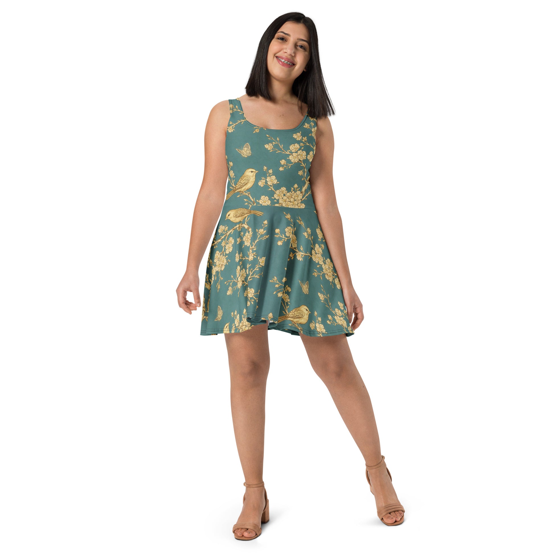 Skater Dress - Golden Grove Skater Dress – All-Over Gold Birds & Branches Print Midi by printfluence.net