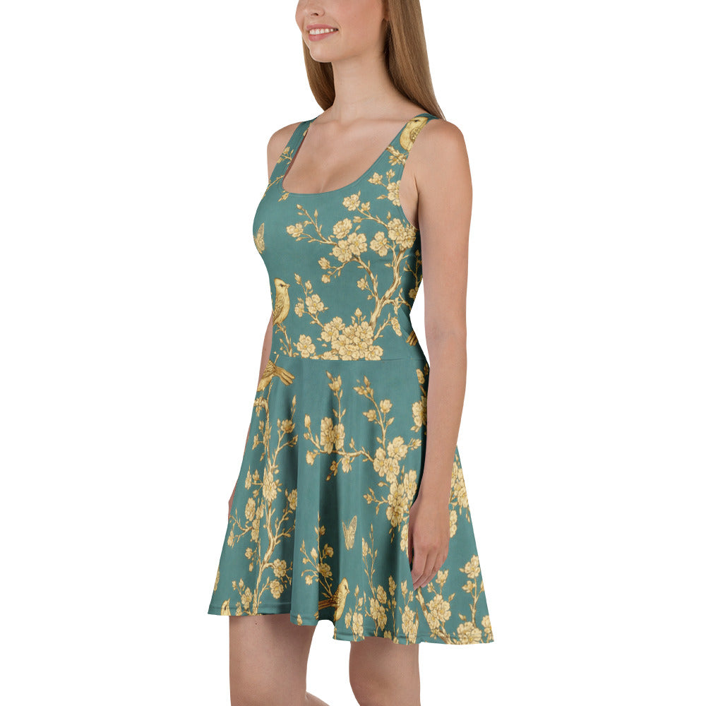 Skater Dress - Golden Grove Skater Dress – All-Over Gold Birds & Branches Print Midi by printfluence.net
