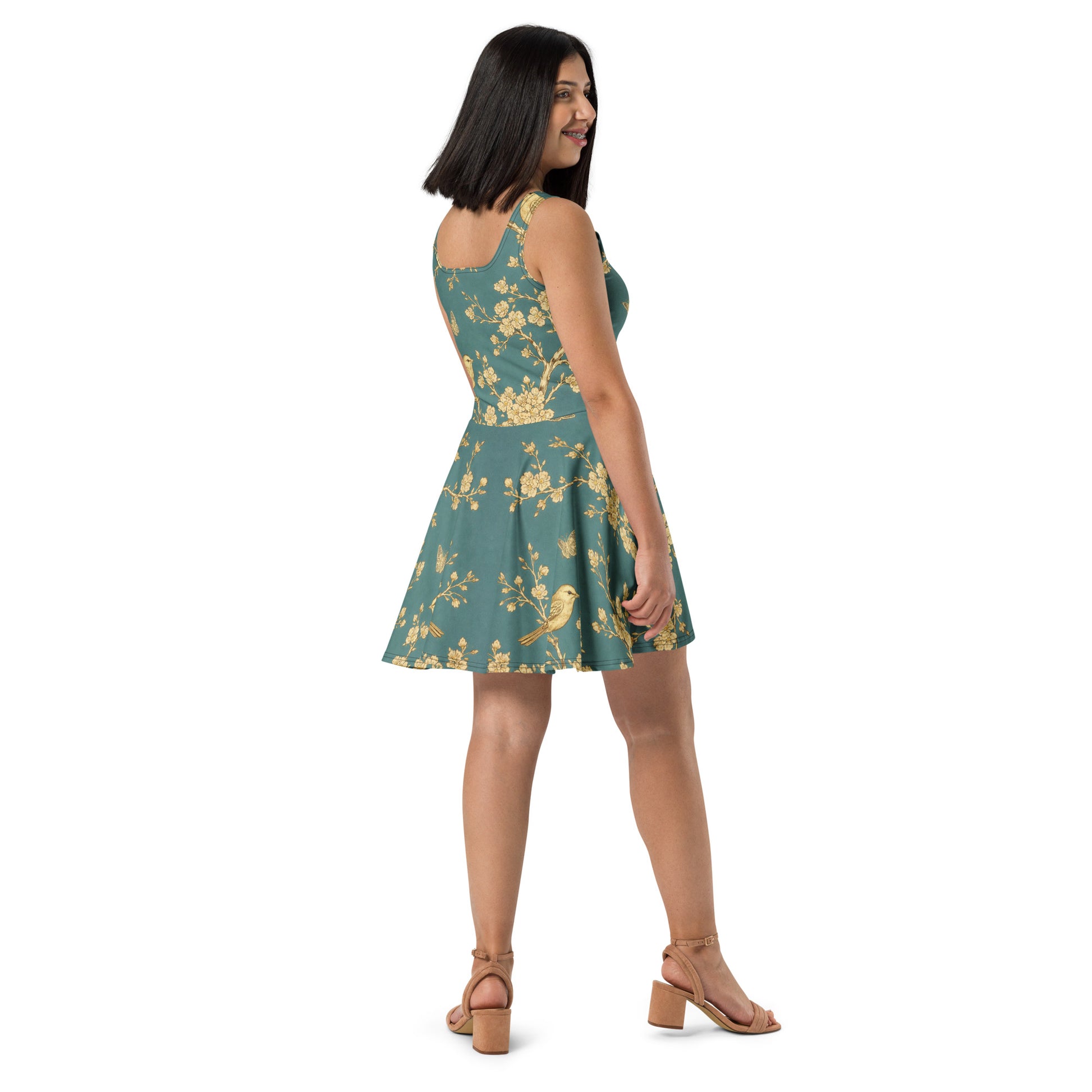 Skater Dress - Golden Grove Skater Dress – All-Over Gold Birds & Branches Print Midi by printfluence.net