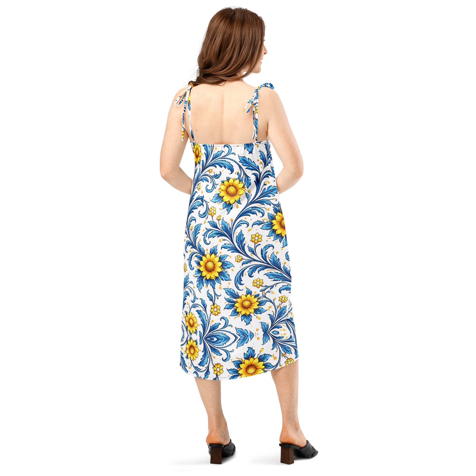 Tie-strap midi dress - Sun-Kissed Azure Elegance: Floral Tie-Strap Summer Midi Dress 🌻✨ by printfluence.net