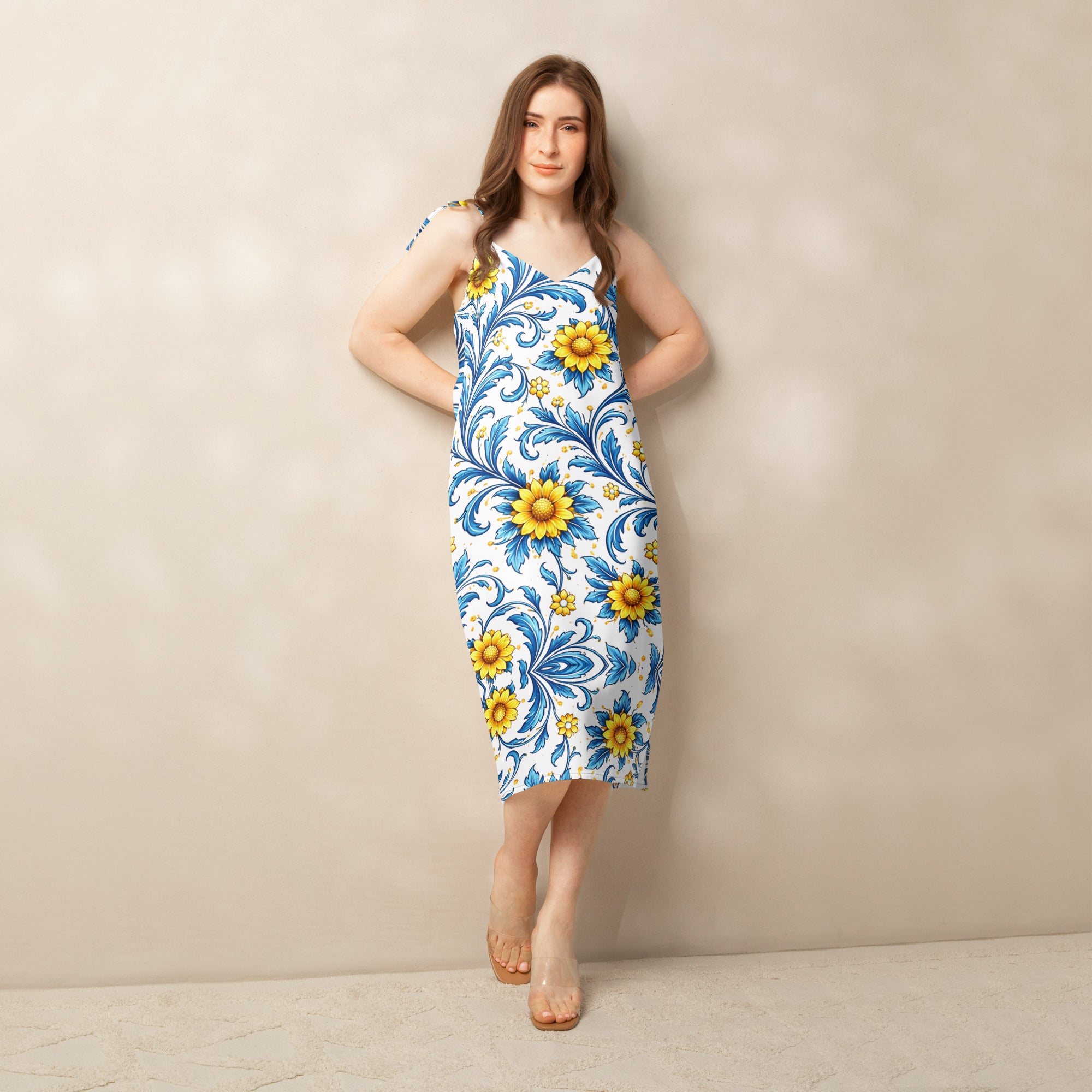 Tie-strap midi dress - Sun-Kissed Azure Elegance: Floral Tie-Strap Summer Midi Dress 🌻✨ by printfluence.net