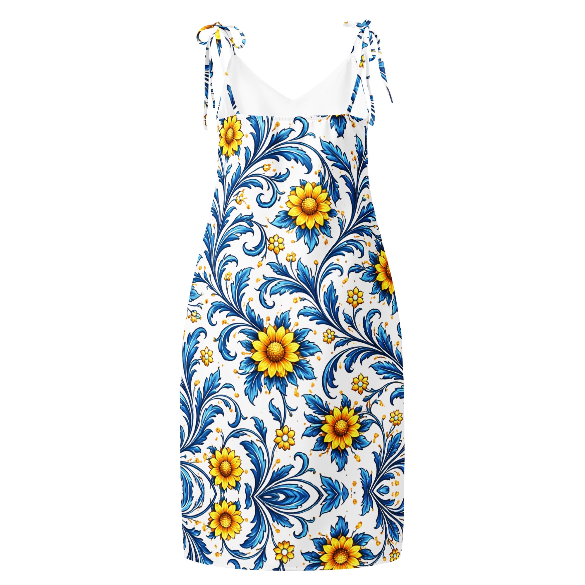 Tie-strap midi dress - Sun-Kissed Azure Elegance: Floral Tie-Strap Summer Midi Dress 🌻✨ by printfluence.net