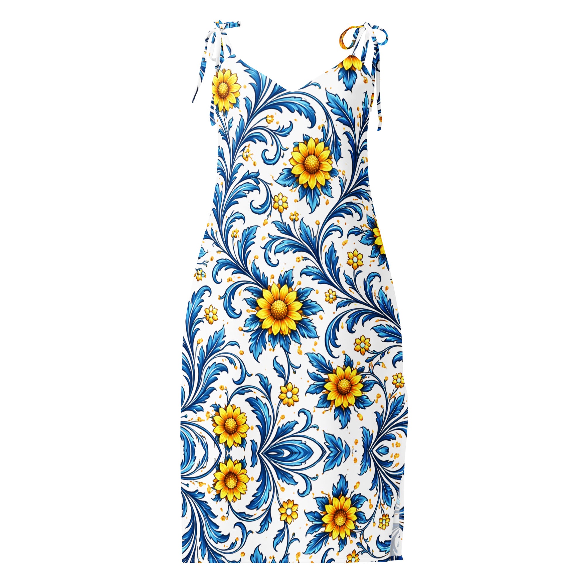 Tie-strap midi dress - Sun-Kissed Azure Elegance: Floral Tie-Strap Summer Midi Dress 🌻✨ by printfluence.net