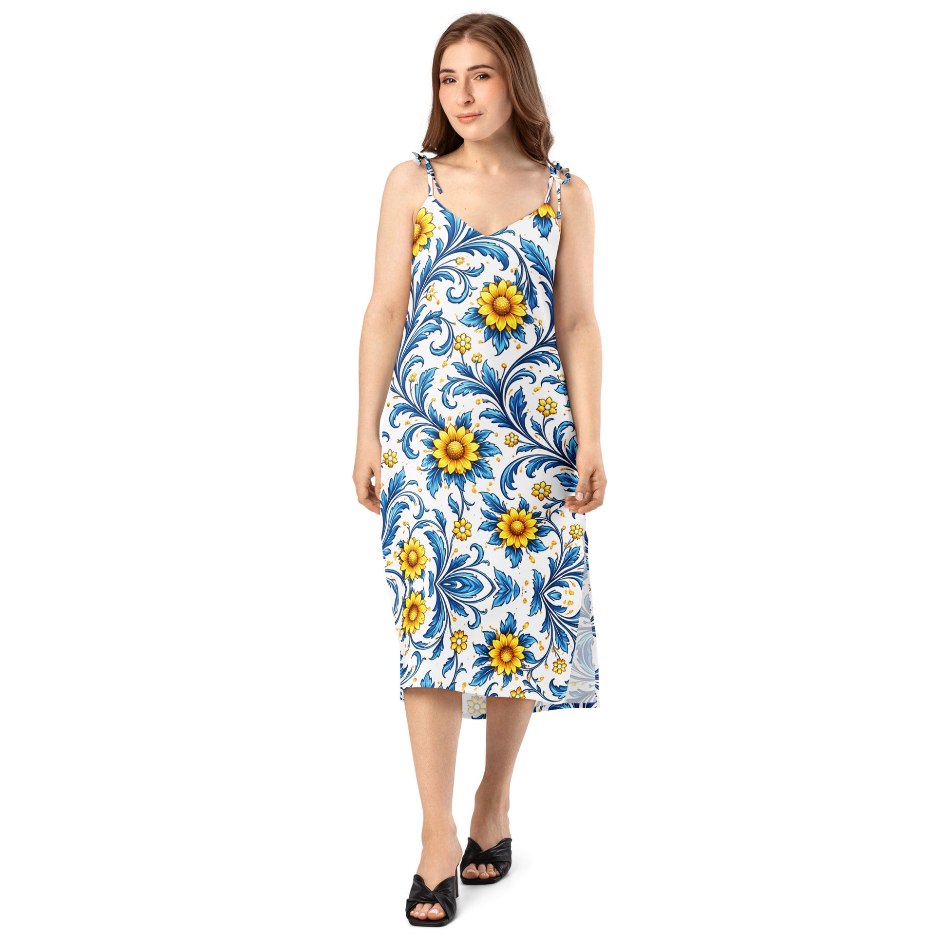 Tie-strap midi dress - Sun-Kissed Azure Elegance: Floral Tie-Strap Summer Midi Dress 🌻✨ by printfluence.net