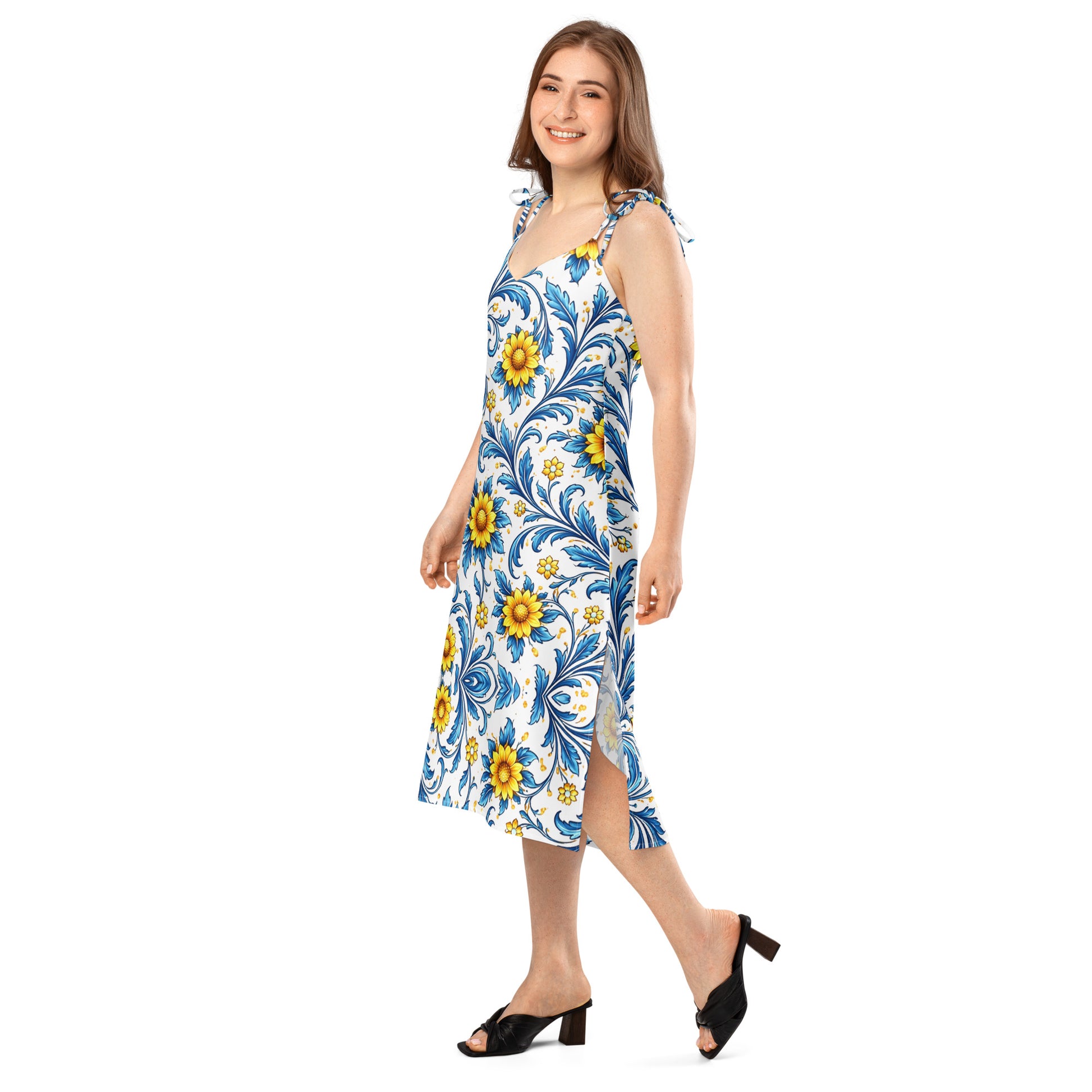Tie-strap midi dress - Sun-Kissed Azure Elegance: Floral Tie-Strap Summer Midi Dress 🌻✨ by printfluence.net