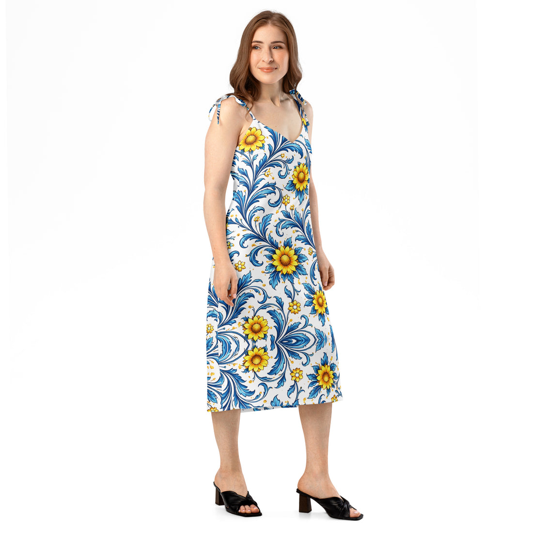 Tie-strap midi dress - Sun-Kissed Azure Elegance: Floral Tie-Strap Summer Midi Dress 🌻✨ by printfluence.net