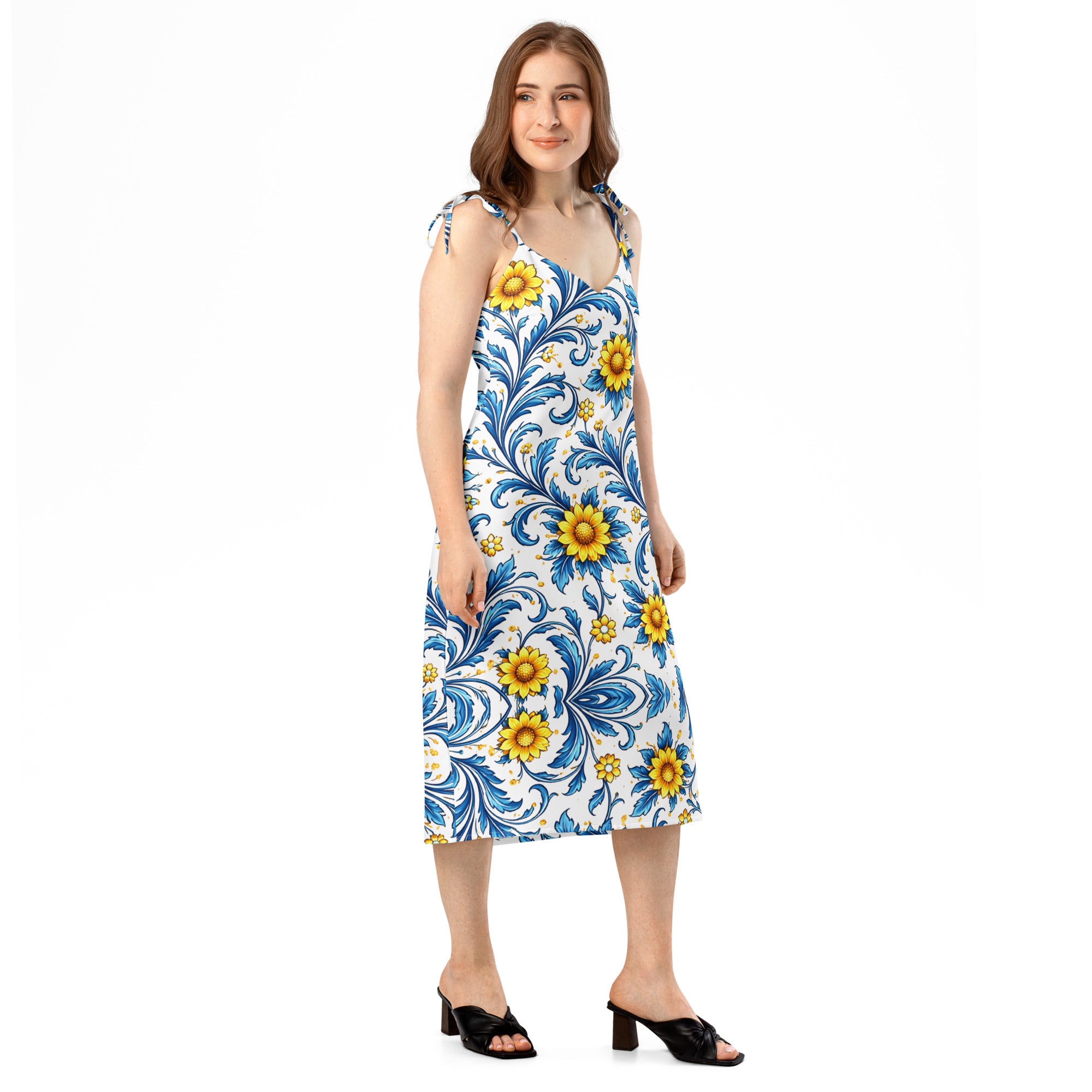 Tie-strap midi dress - Sun-Kissed Azure Elegance: Floral Tie-Strap Summer Midi Dress 🌻✨ by printfluence.net