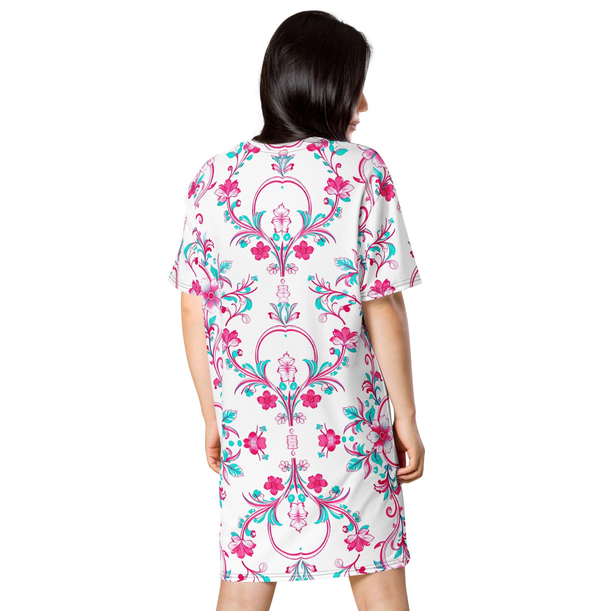 T-shirt dress - Pink Peony Dreams: Floral Fusion Comfort T-Shirt Dress 🌸✨ by printfluence.net