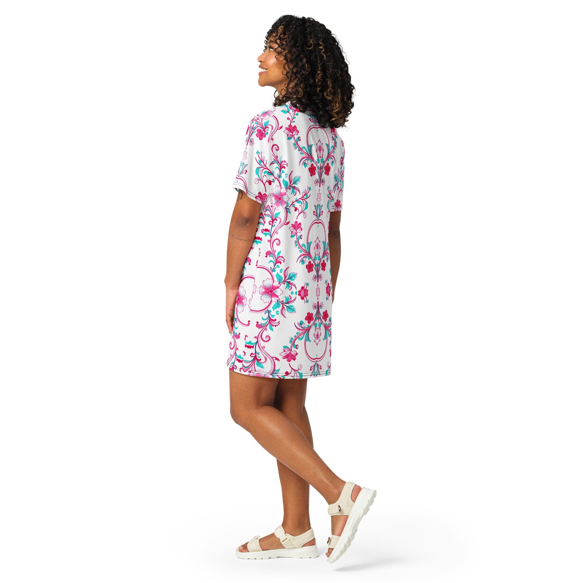 T-shirt dress - Pink Peony Dreams: Floral Fusion Comfort T-Shirt Dress 🌸✨ by printfluence.net